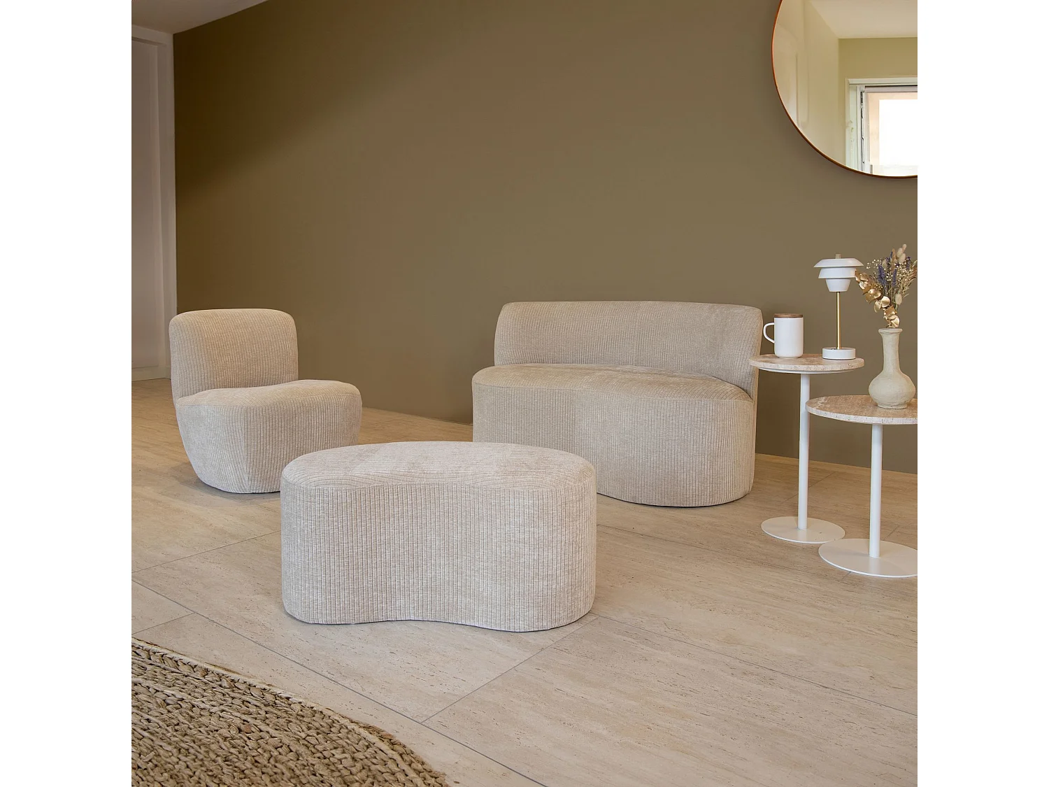 Now's Home - Canape En Velours Beige Cotele Organique 120x70x71cm Come