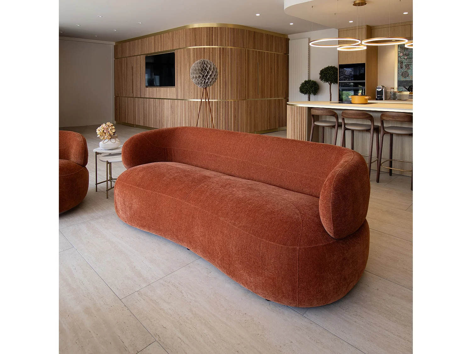 Now's Home - Canape En Velours Texture Terracotta 231x91x78cm Glove