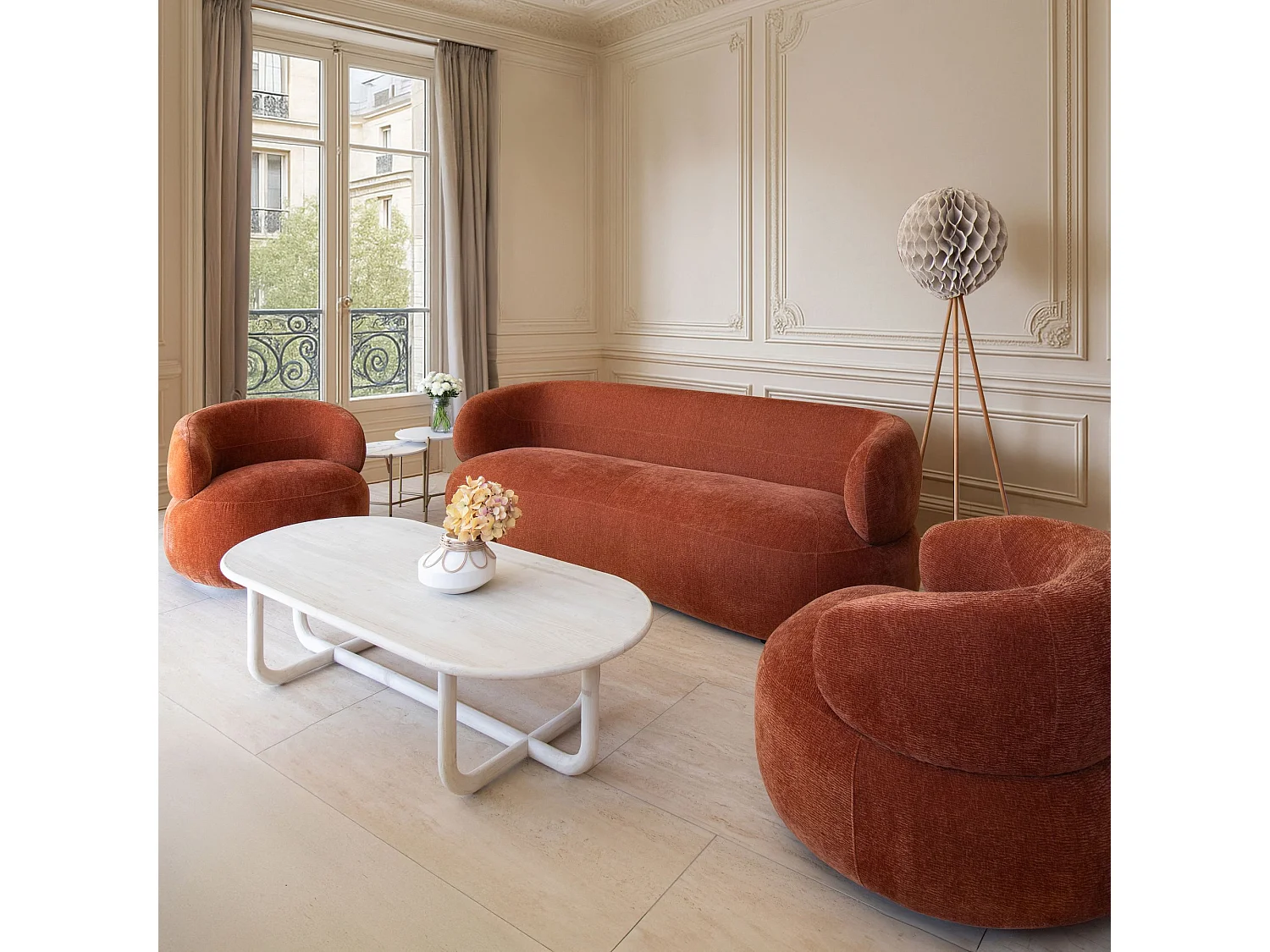 Now's Home - Canape En Velours Texture Terracotta 231x91x78cm Glove