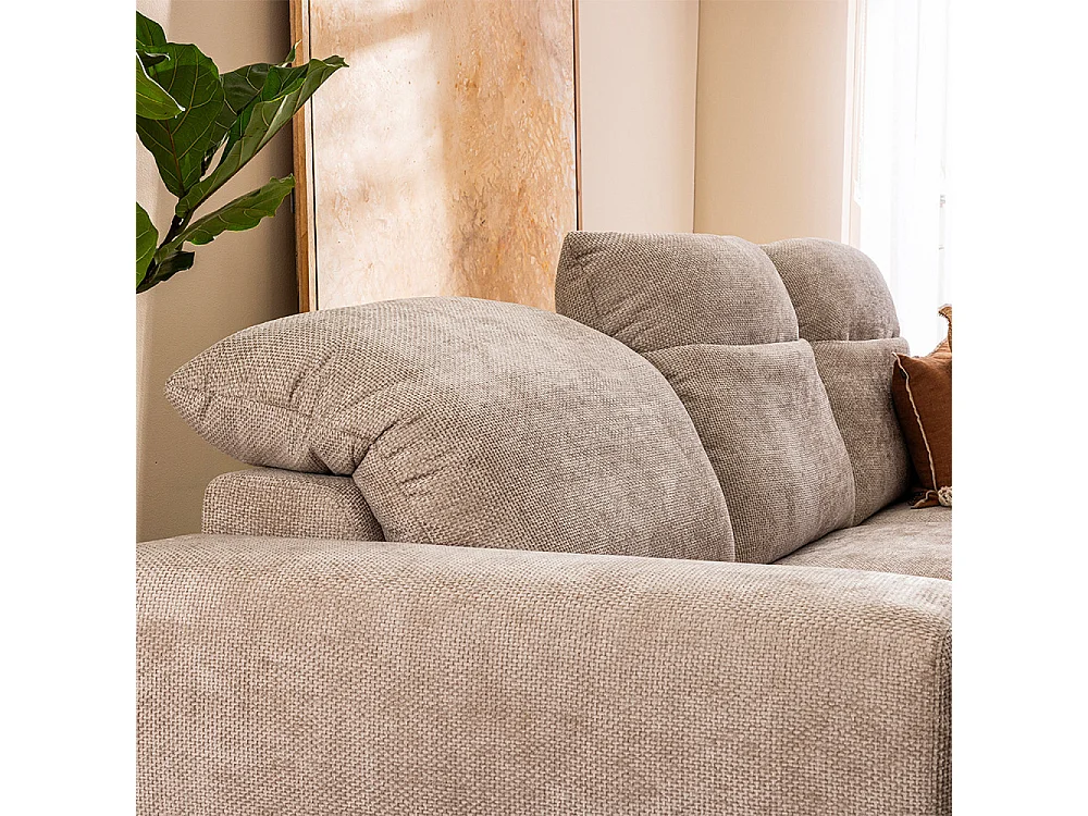 Sam - Canapé d'angle droit 4 places avec têtières réglables en tissu chenille - Écru