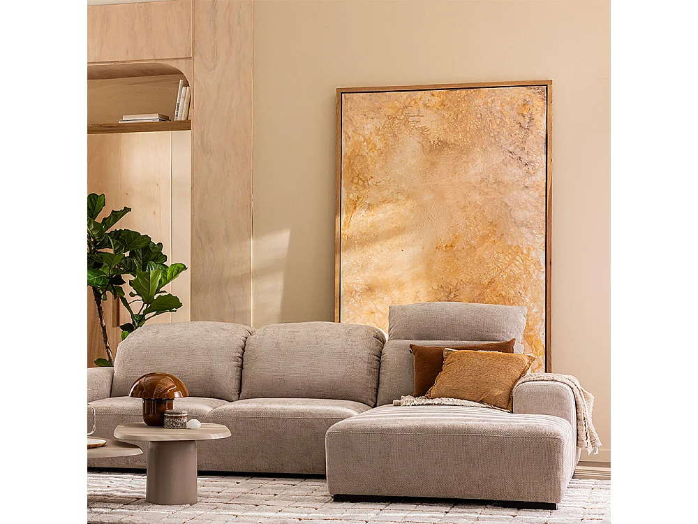 Sam - Canapé d'angle droit 4 places avec têtières réglables en tissu chenille - Écru