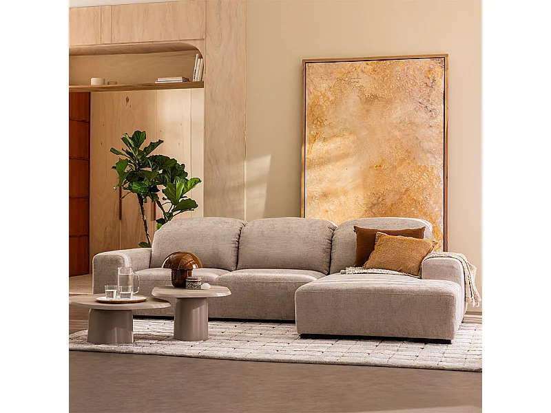 Sam - Canapé d'angle droit 4 places avec têtières réglables en tissu chenille - Écru