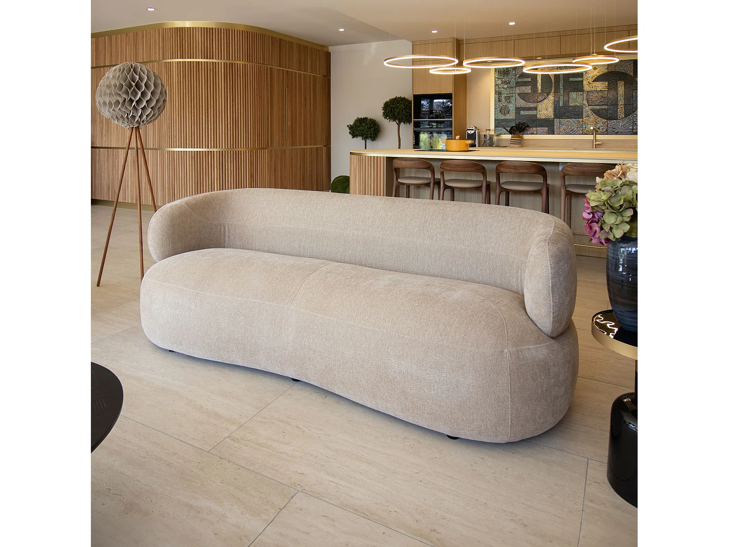 Now's Home - Canape En Velours Texture Beige 231x91x78 Cm Glove