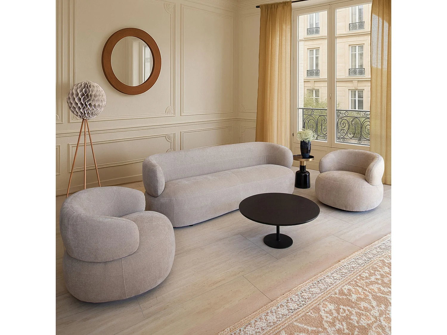 Now's Home - Canape En Velours Texture Beige 231x91x78 Cm Glove