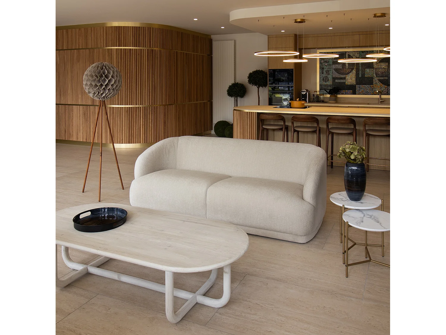 Now's Home - Canape En Velours Texture Ecru 203x94x72cm Huton