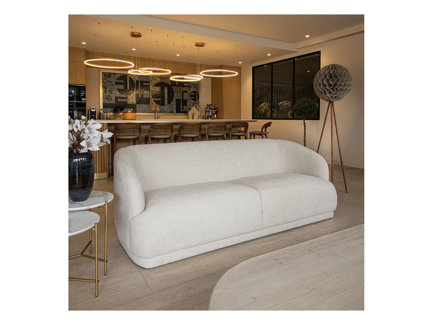 Now's Home - Canape En Velours Texture Ecru 203x94x72cm Huton