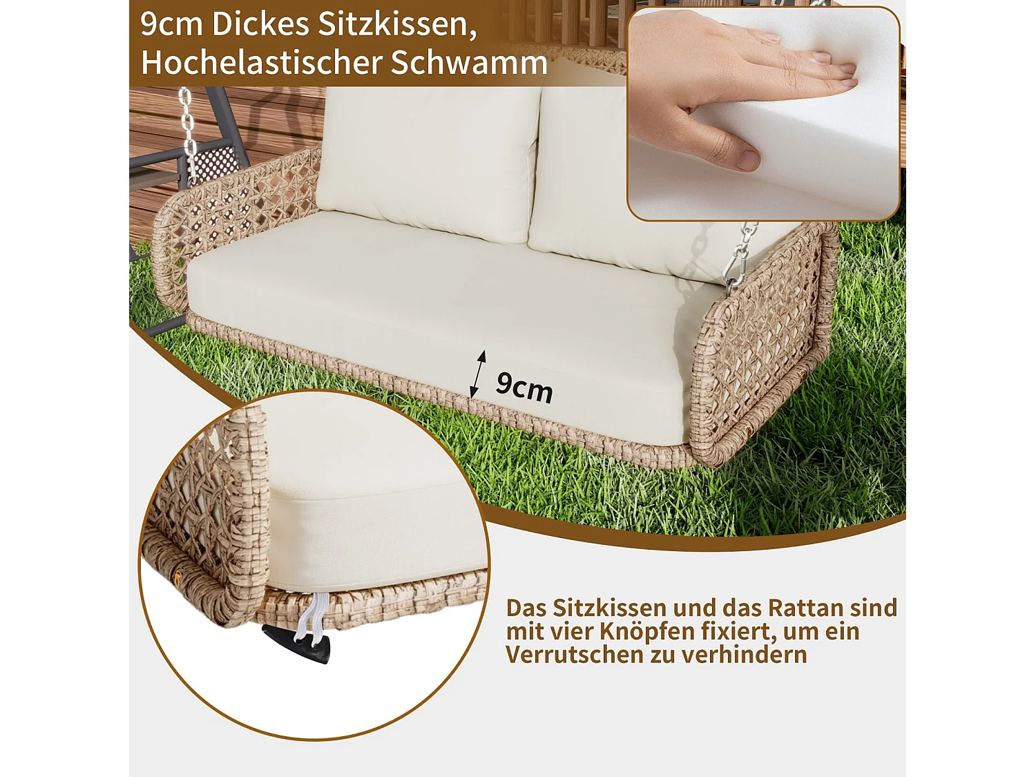 Tuinzwaai met 9 cm kussen, met kussens en 2x240 cm kettingen, 2 plaatsen, laad 320 kg