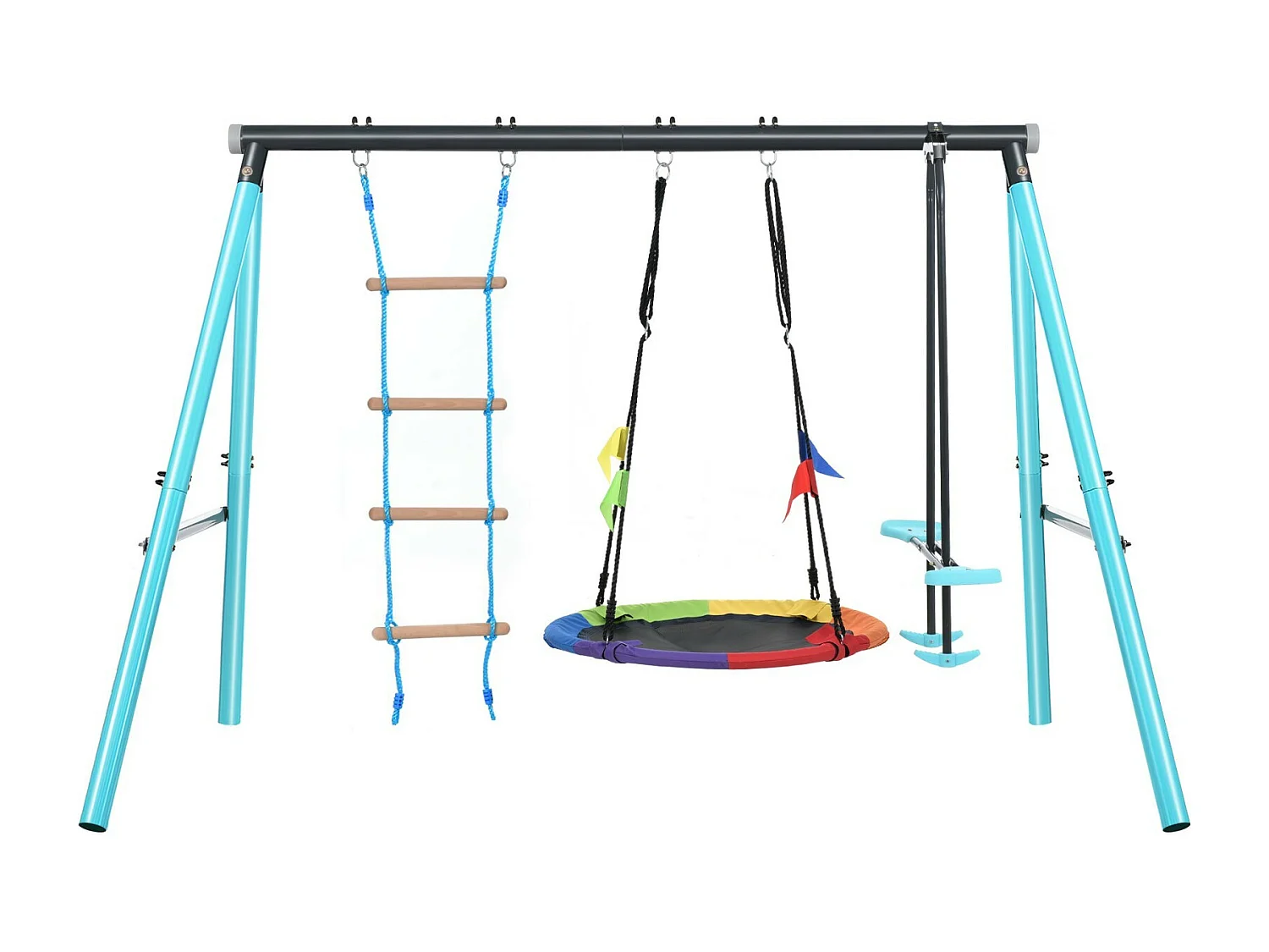 Giochi all'aperto 3 in 1, con nido di uccello rotondo Ø100 cm, scala di arrampicata, da 3 a 8 anni, 287x180x188 cm