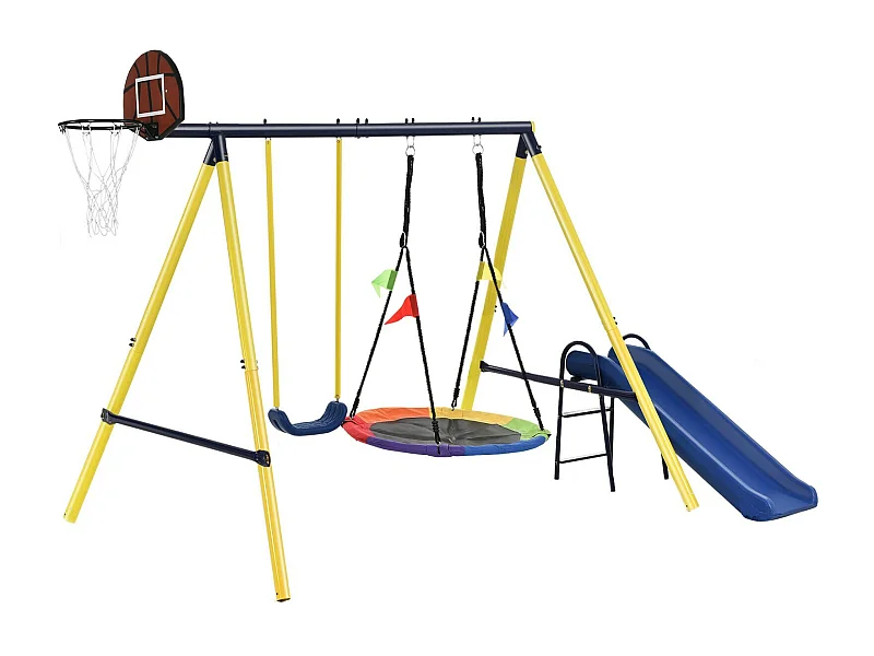 4 in 1 partite all'aperto, con 2 altalene, basket, cestino da basket e scivolo, 3-8 anni, 311x183x213cm