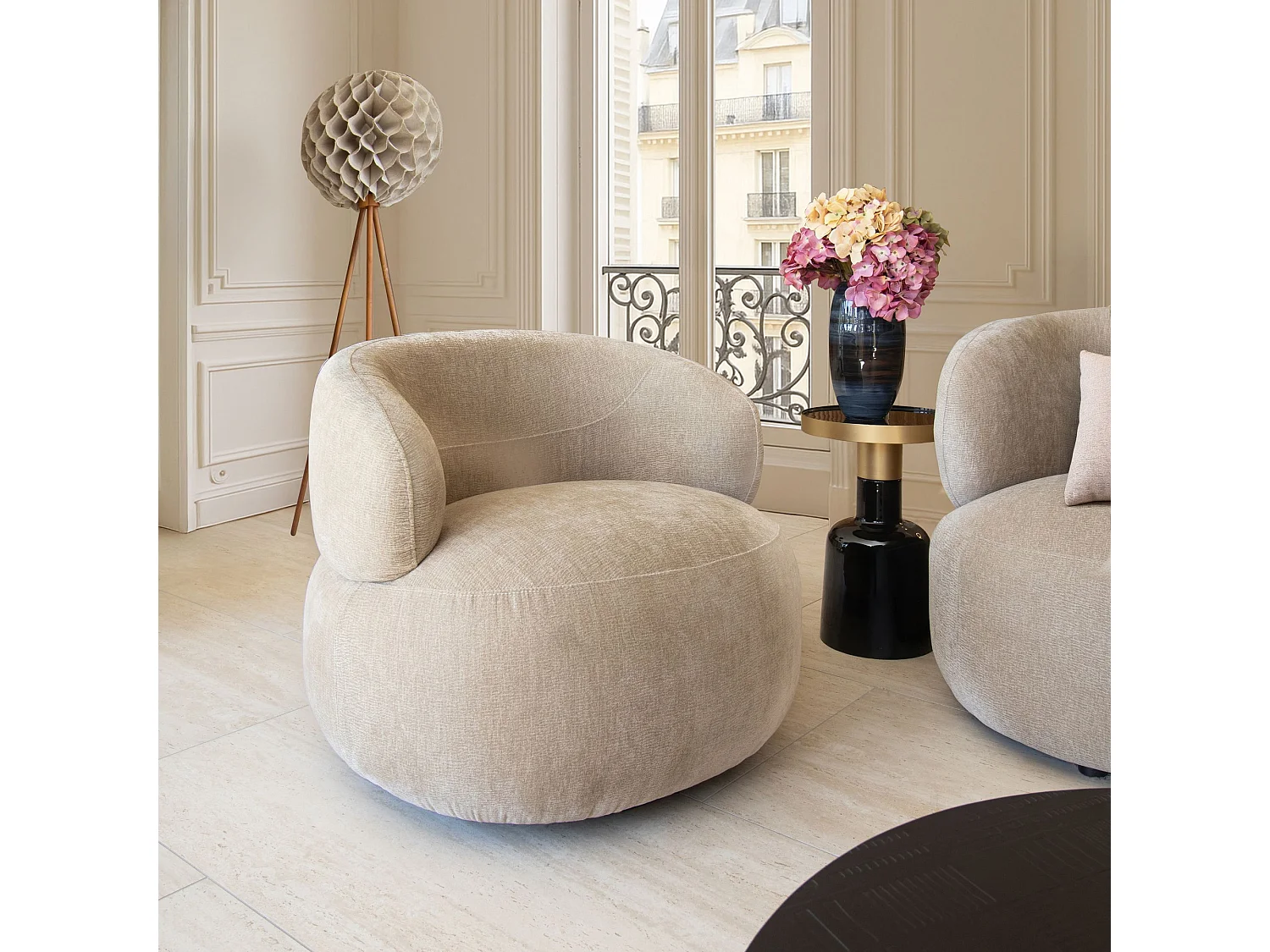 Now's Home - Fauteuil Pivotant En Velours Texture Beige 82x85x72cm Glove