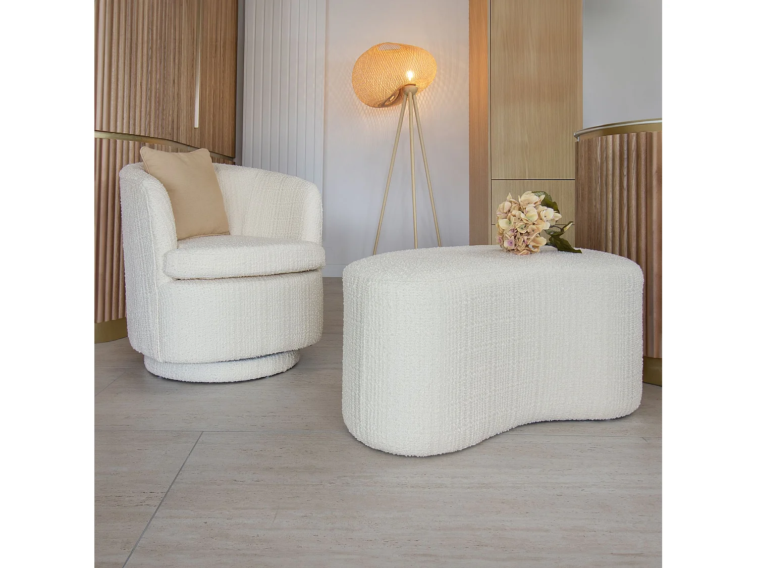 Now's Home - Fauteuil  Pivotant En Bouclette Ecru 73.5x73x77cm Malo