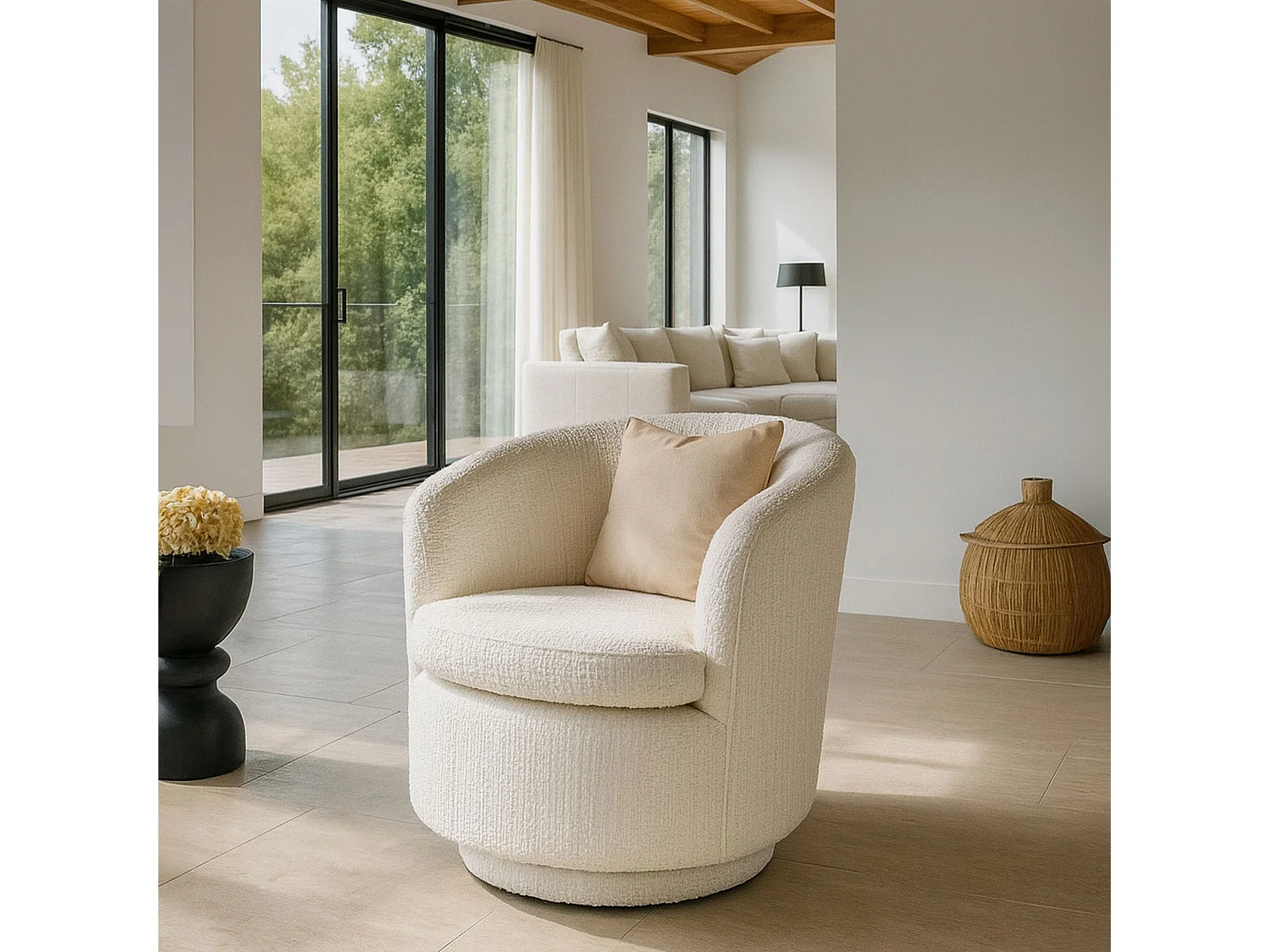 Now's Home - Fauteuil  Pivotant En Bouclette écru 73.5x73x77cm Malo
