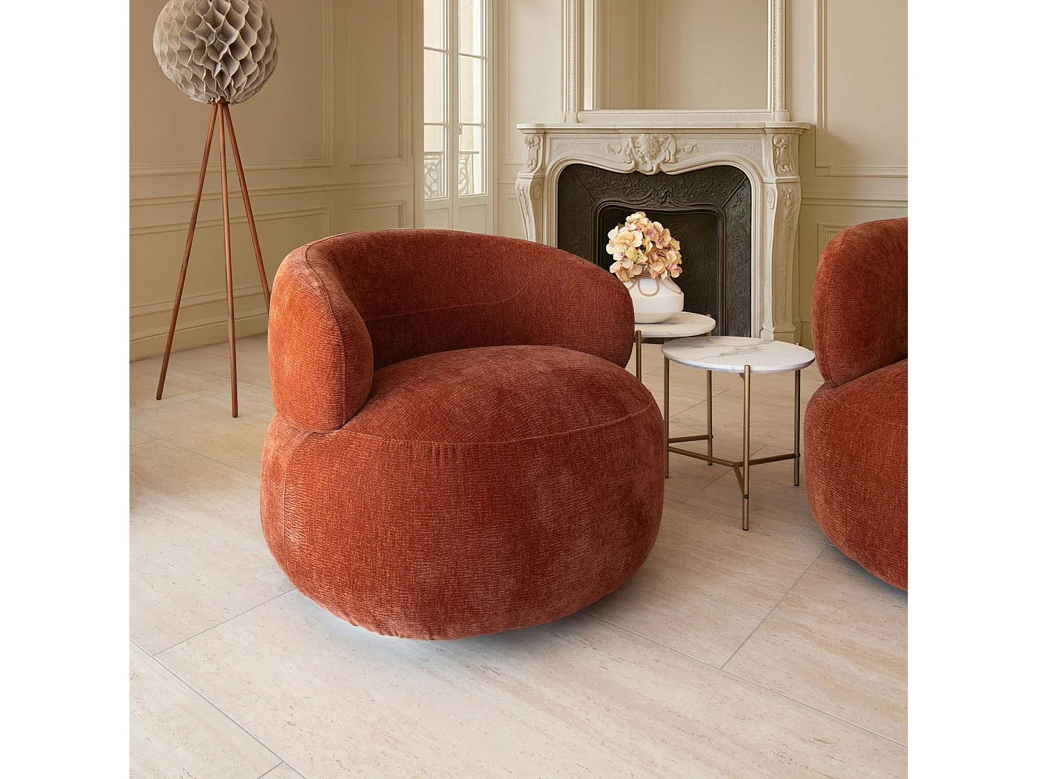 Now's Home - Fauteuil Pivotant En Velours Texture Terracot Ta 82x85x72cm Glove