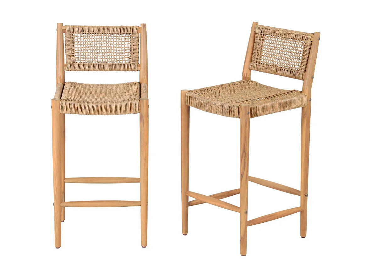 Nuri - Lot de 2 tabourets de bar intérieur/extérieur en bois d'acacia et résine tressée H66cm - Bois clair