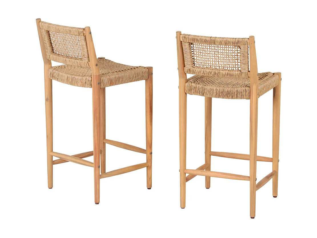 Nuri - Lot de 2 tabourets de bar intérieur/extérieur en bois d'acacia et résine tressée H66cm - Bois clair