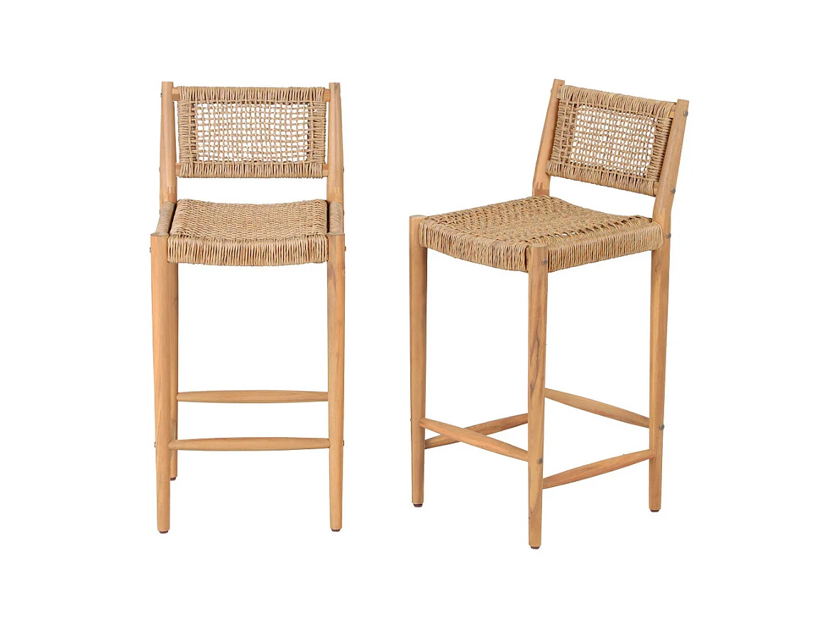 Nuri - Lot de 2 tabourets de bar intérieur/extérieur en bois d'acacia et résine tressée H66cm - Bois clair