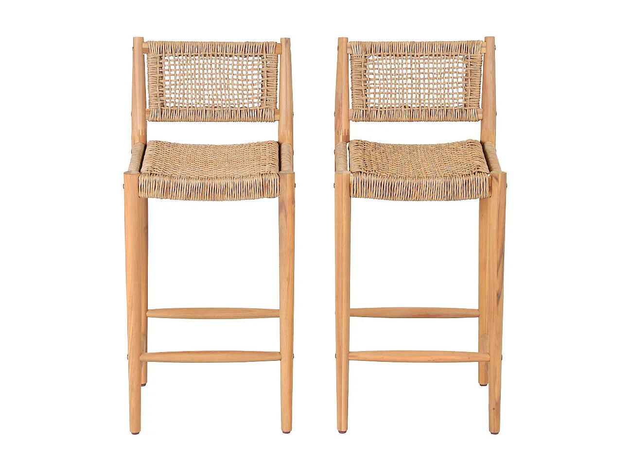 Nuri - Lot de 2 tabourets de bar intérieur/extérieur en bois d'acacia et résine tressée H66cm - Bois clair