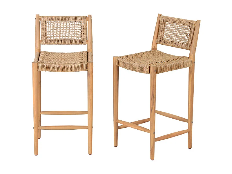 Nuri - Lot de 2 tabourets de bar intérieur/extérieur en bois d'acacia et résine tressée H66cm - Bois clair