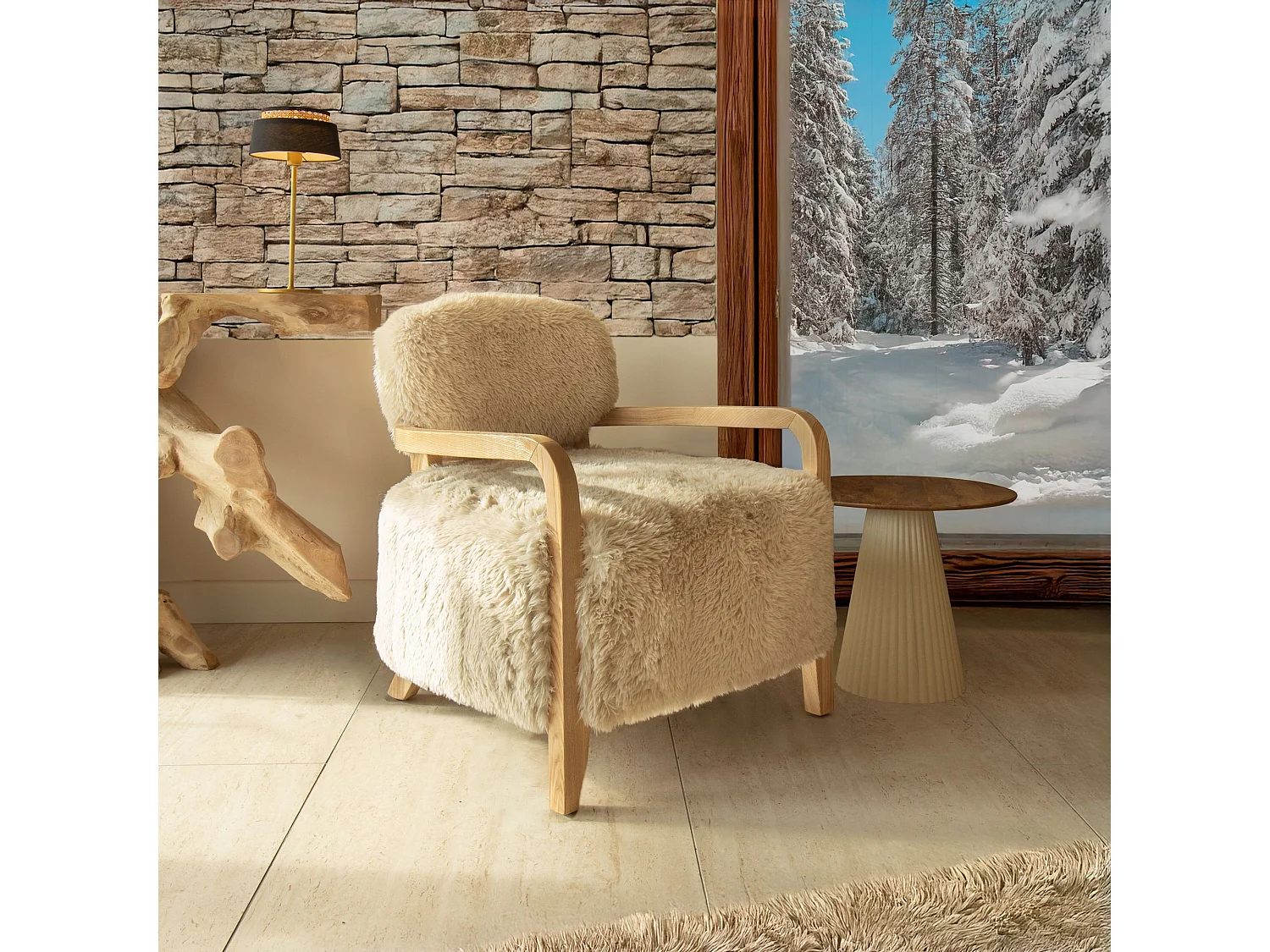 Now's Home - Fauteuil En Tissu Doux Effet Mouton Beige Pieds En Bois 71x79x77cm Yack