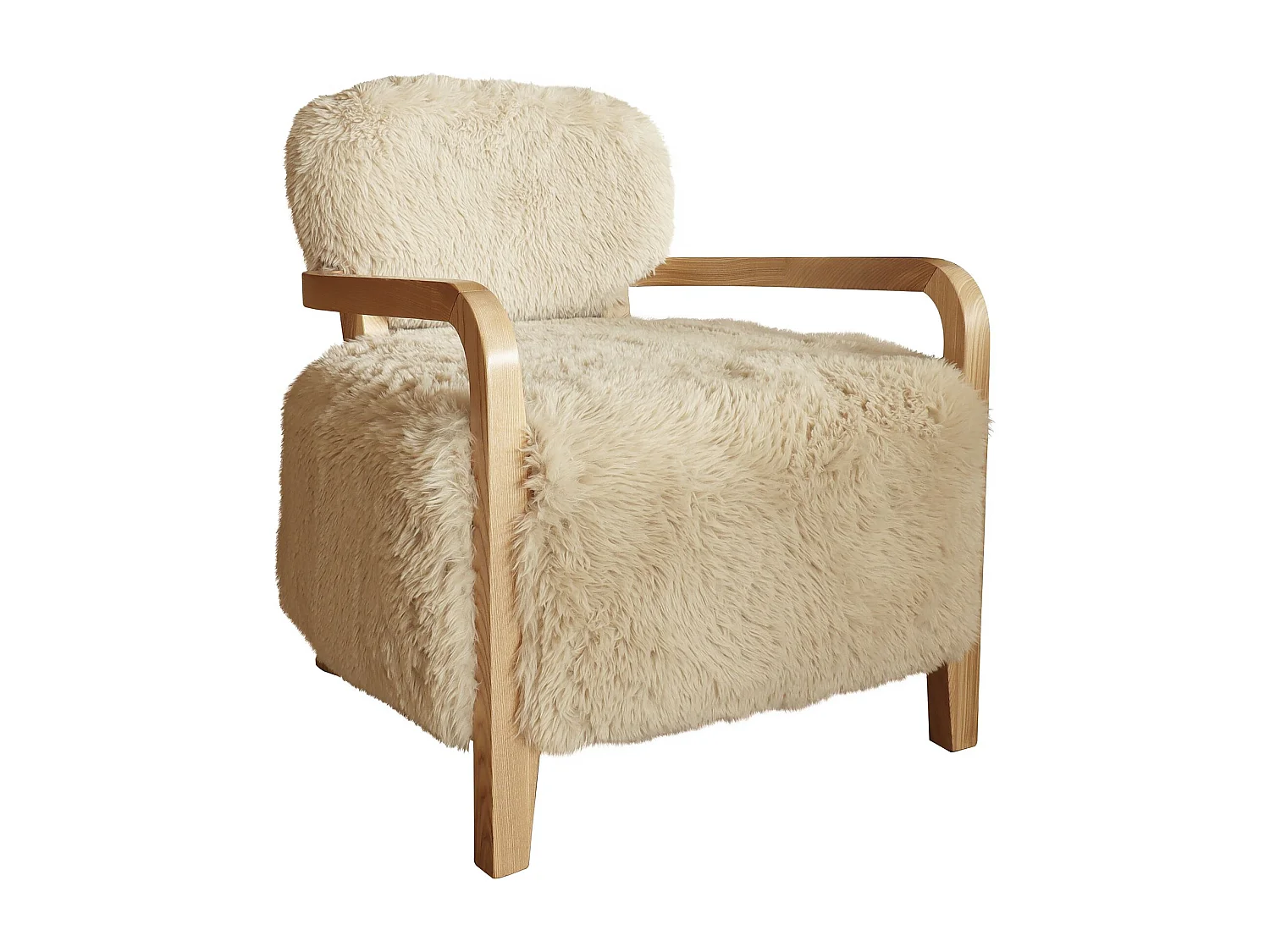 Now's Home - Fauteuil En Tissu Doux Effet Fourrure Beige Pieds Bois 71x79x77 Yack