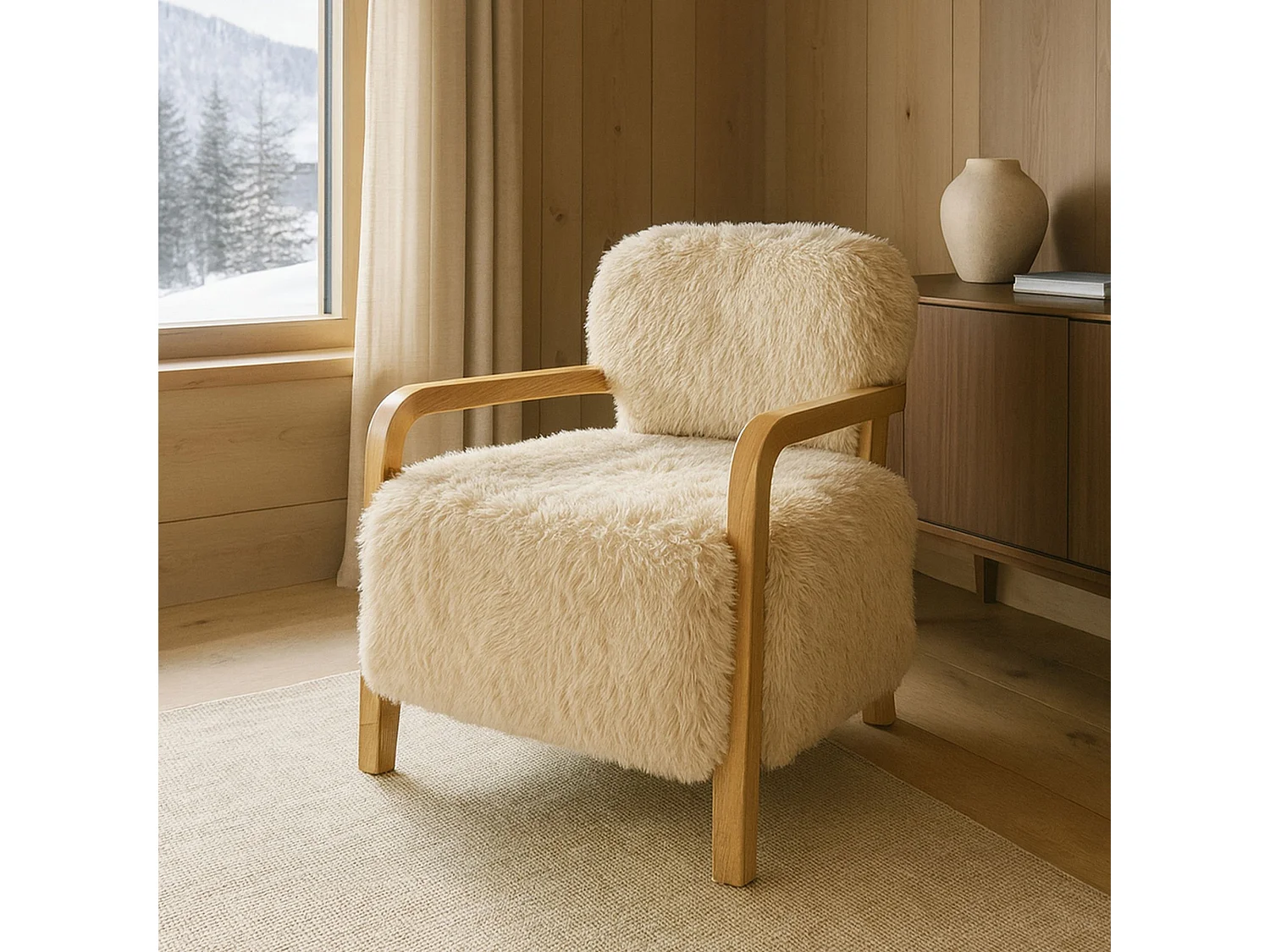 Now's Home - Fauteuil En Tissu Doux Effet Fourrure Beige Pieds Bois 71x79x77 Yack