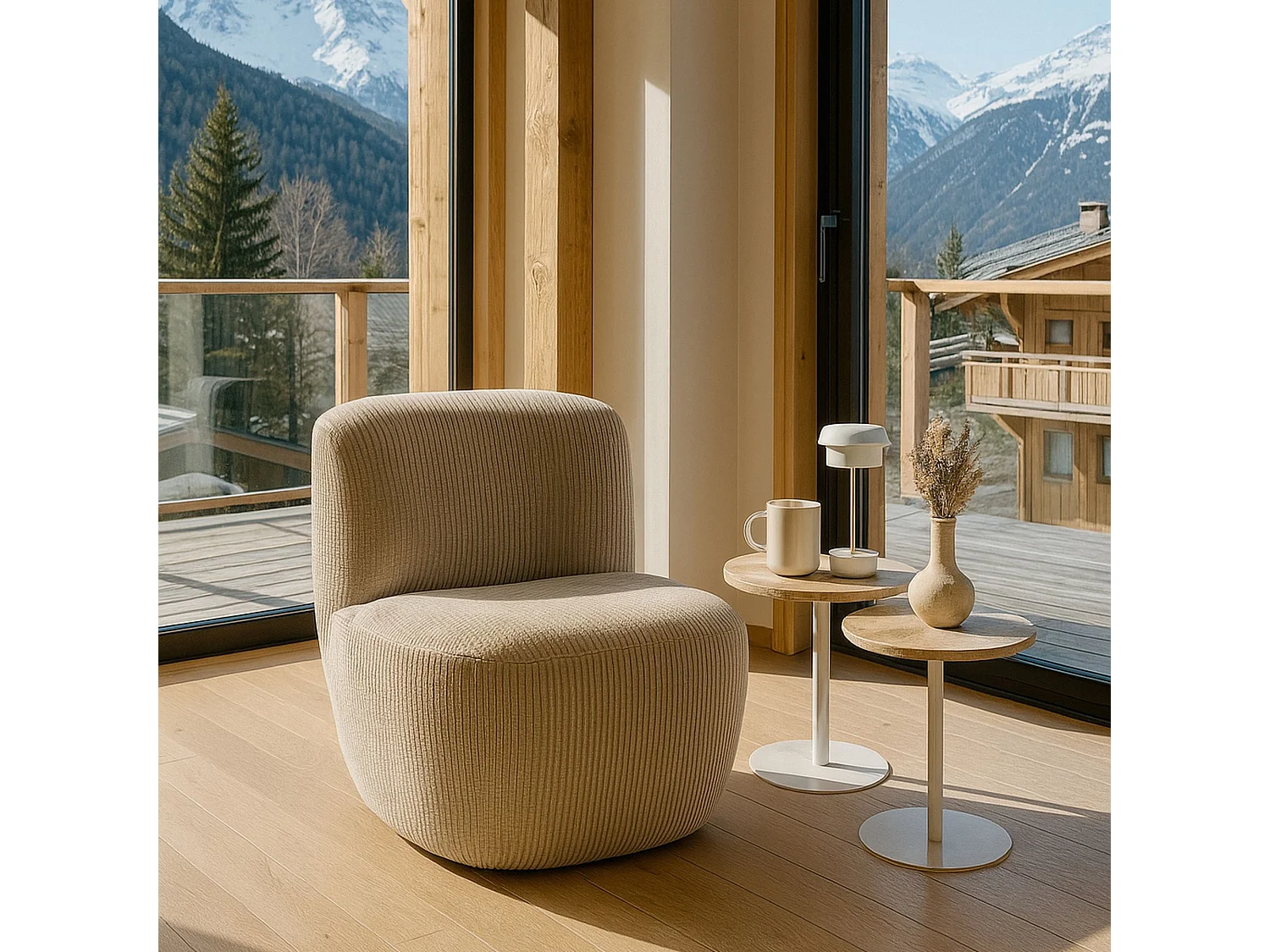 Now's Home - Fauteuil Tissu Velours Cotelé Beige Structure Bois 65x71x68cm Côme