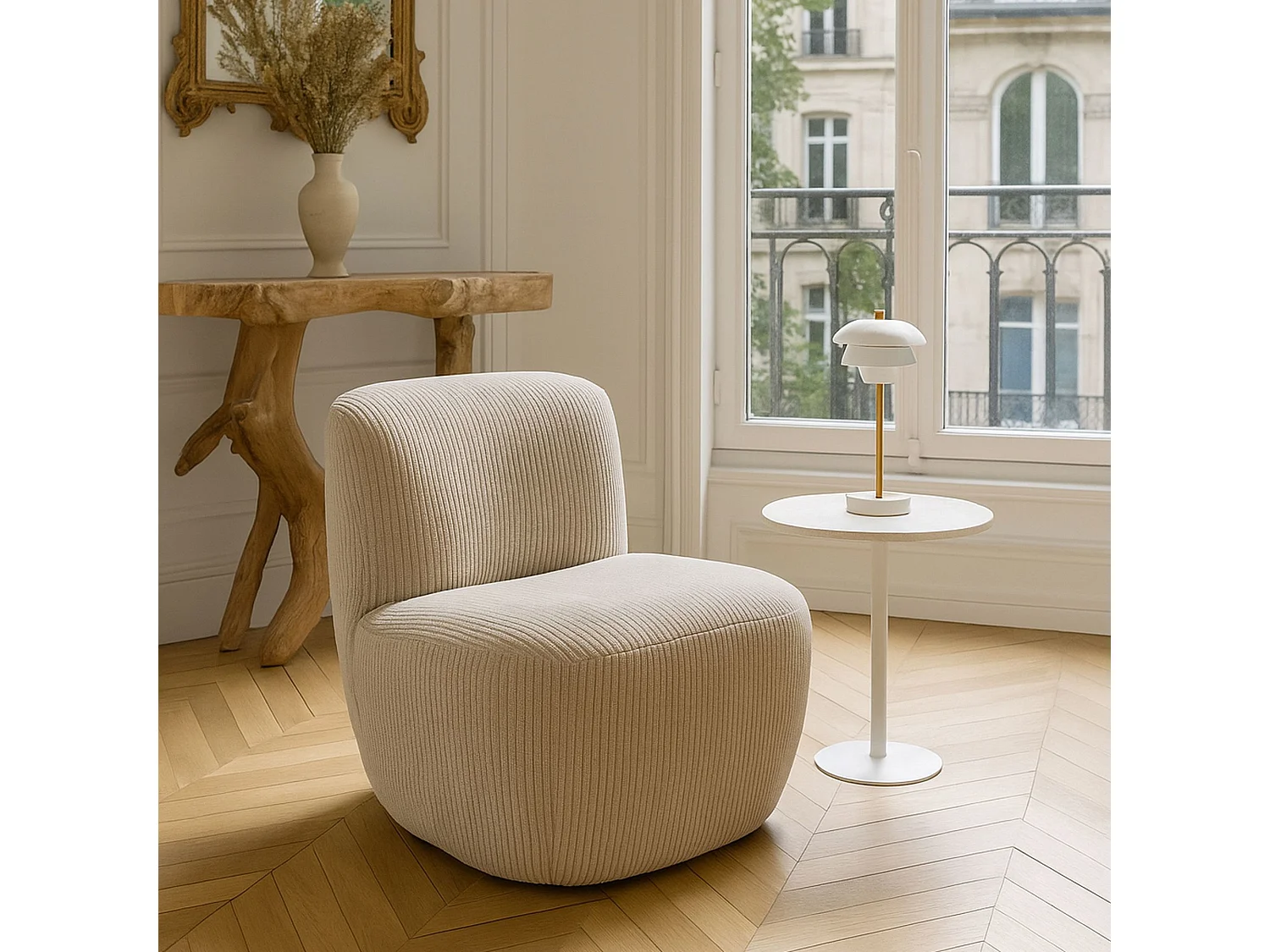 Now's Home - Fauteuil Tissu Velours Cotelé Beige Structure Bois 65x71x68cm Côme