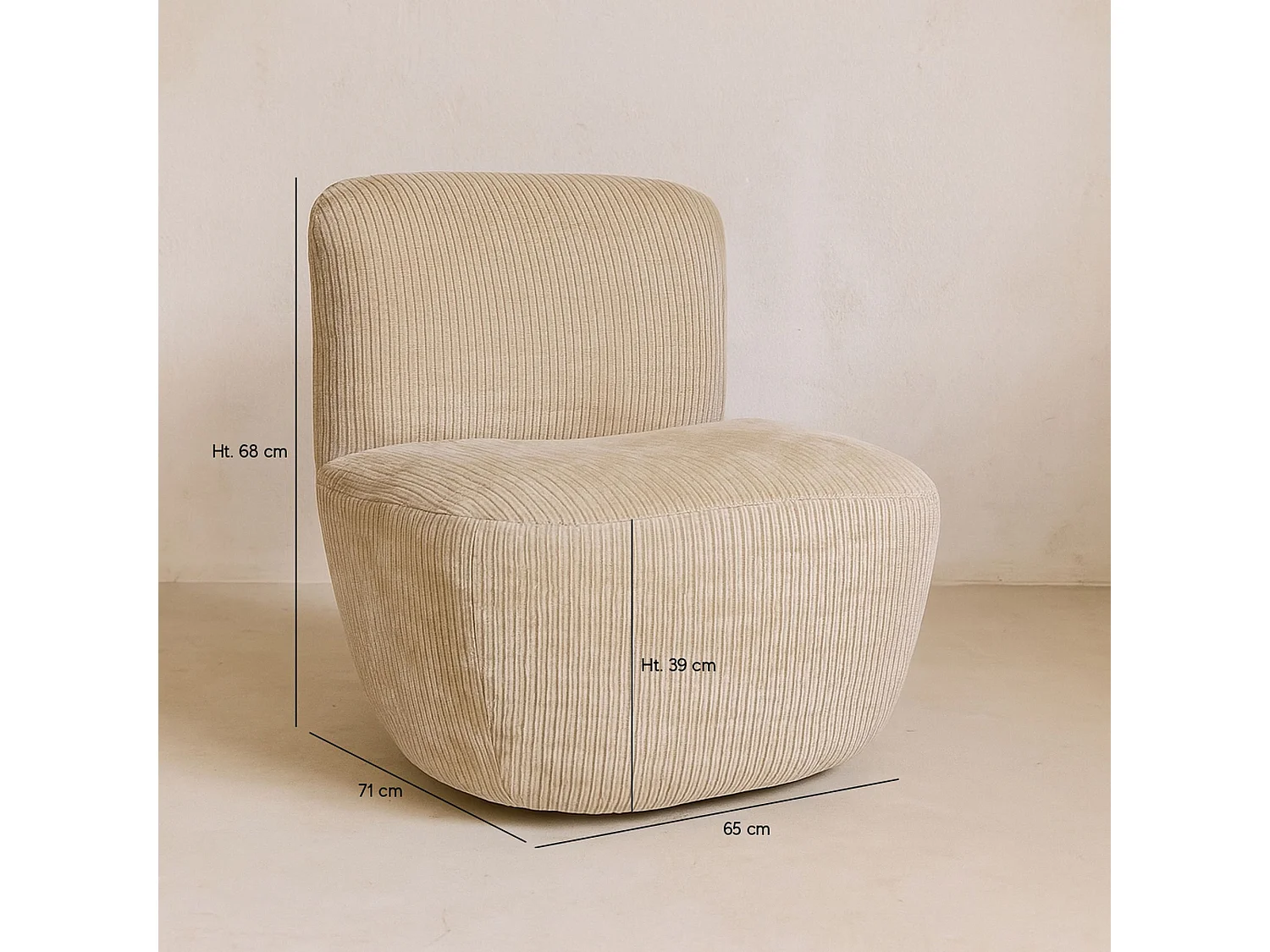Now's Home - Fauteuil Tissu Velours Cotelé Beige Structure Bois 65x71x68cm Côme