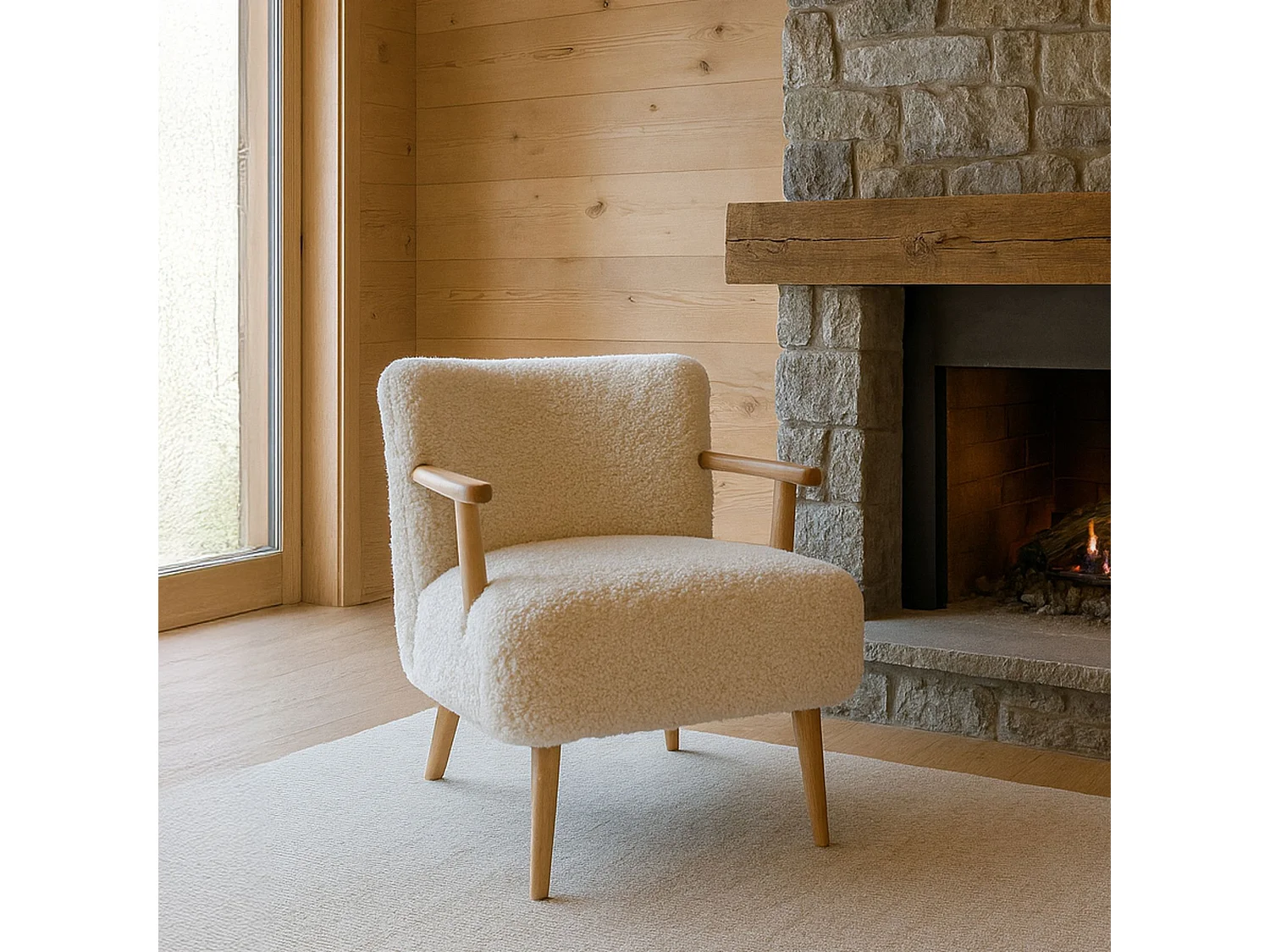 Now's Home - Fauteuil Effet Fourrure Ecru Structure En Bois 62x65.5x70.5cm Eliot