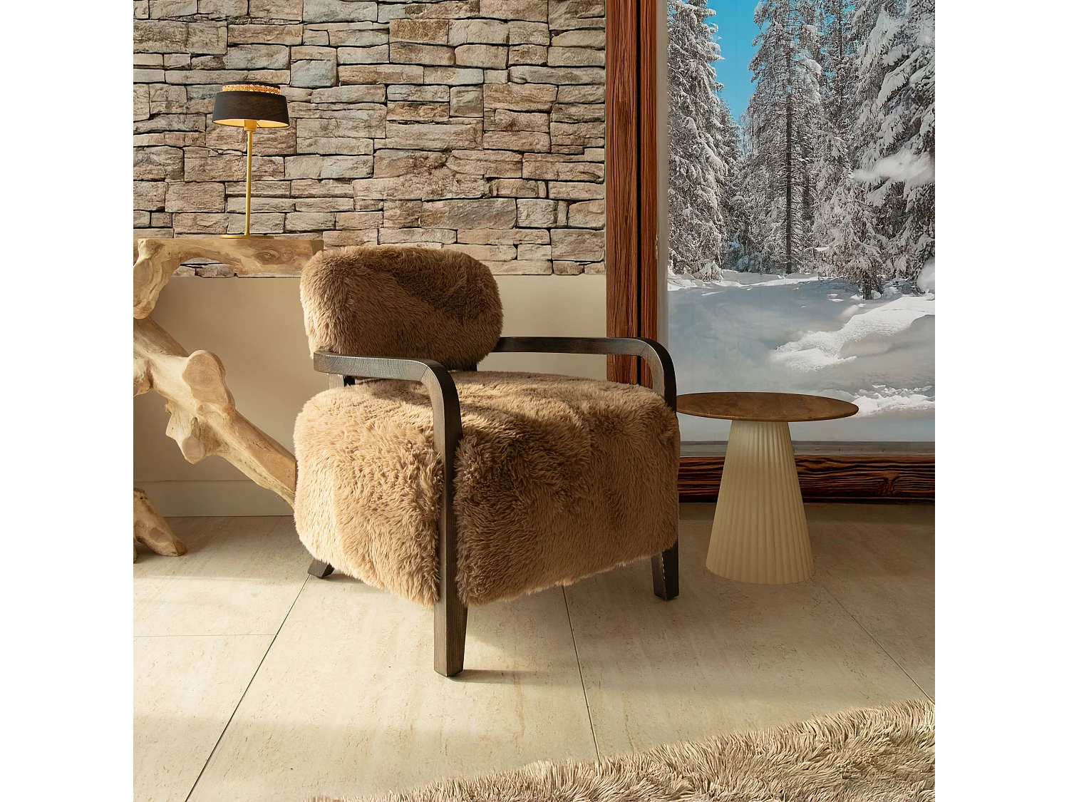 Now's Home - Fauteuil En Tissu Doux Effet Mouton Cappuccino Pieds Bois 71x79x77 Yack