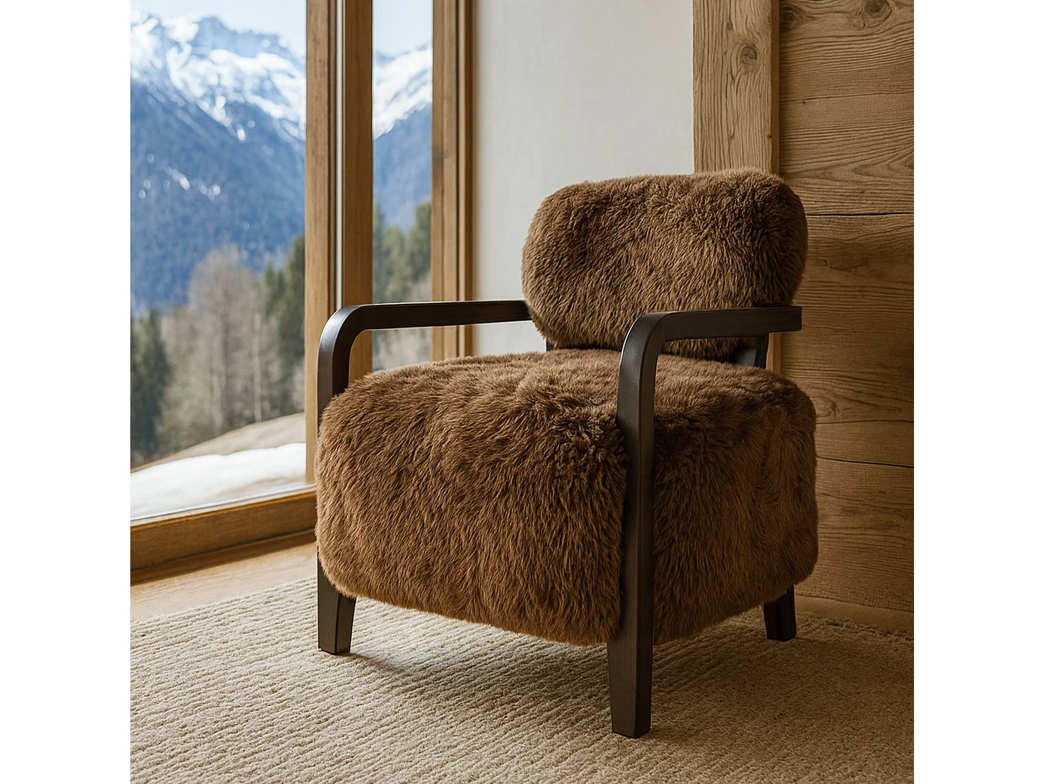 Now's Home - Fauteuil En Tissu Doux Effet Mouton Cappuccino Pieds Bois 71x79x77 Yack