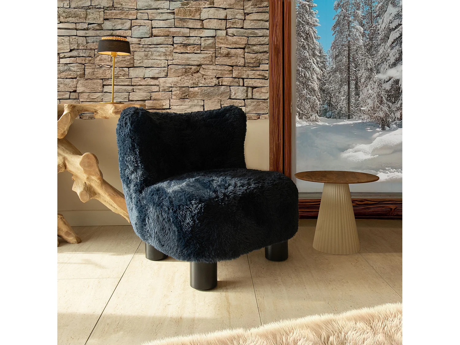 Now's Home - Fauteuil Effet Fourrure Bleu Avec Pieds En Bois Noir  76x81x77cm Artic