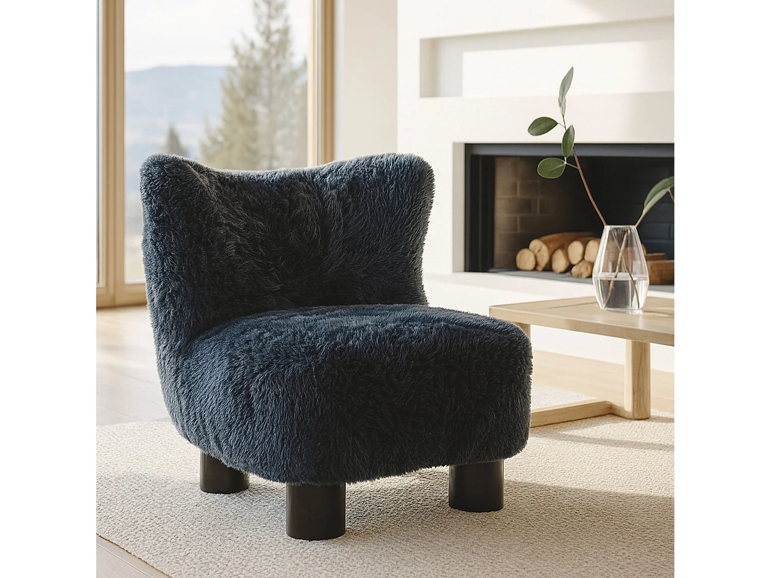 Now's Home - Fauteuil Effet Fourrure Bleu Avec Pieds En Bois Noir  76x81x77cm Artic