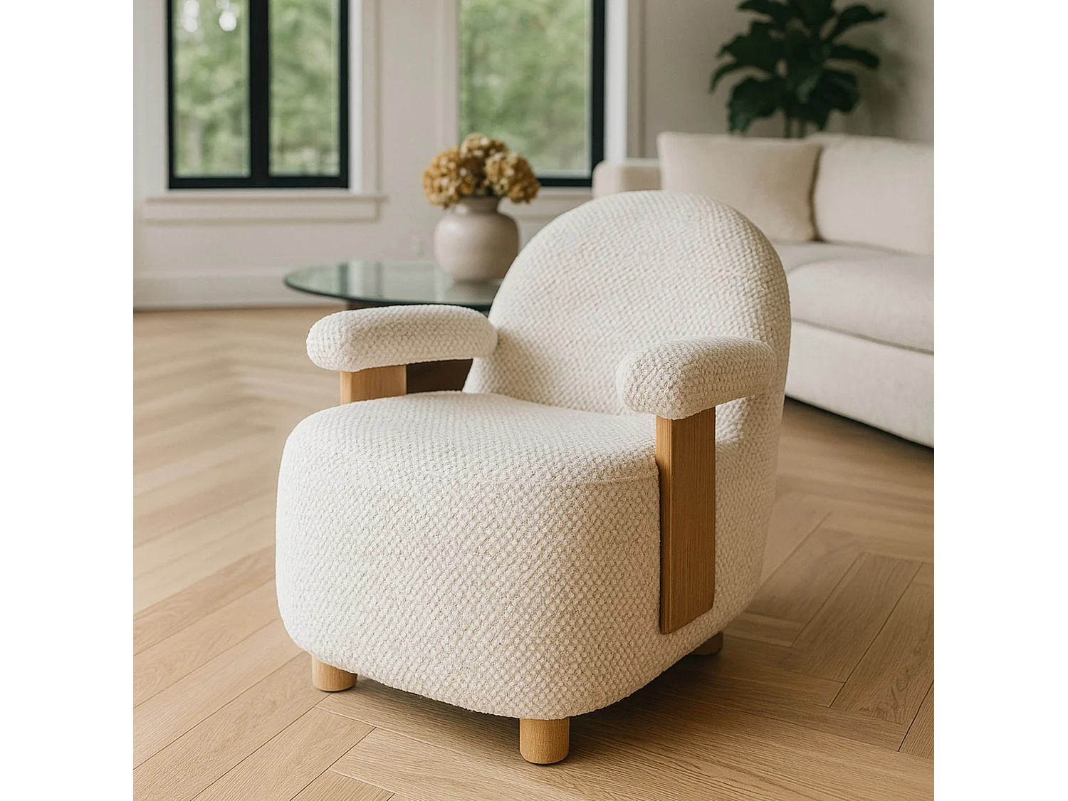 Now's Home - Fauteuil En Bouclette Beige  Structure En Bois 72x75x73.5cm Ulysse