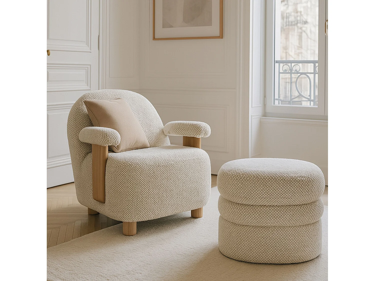 Now's Home - Fauteuil En Bouclette Beige  Structure En Bois 72x75x73.5cm Ulysse