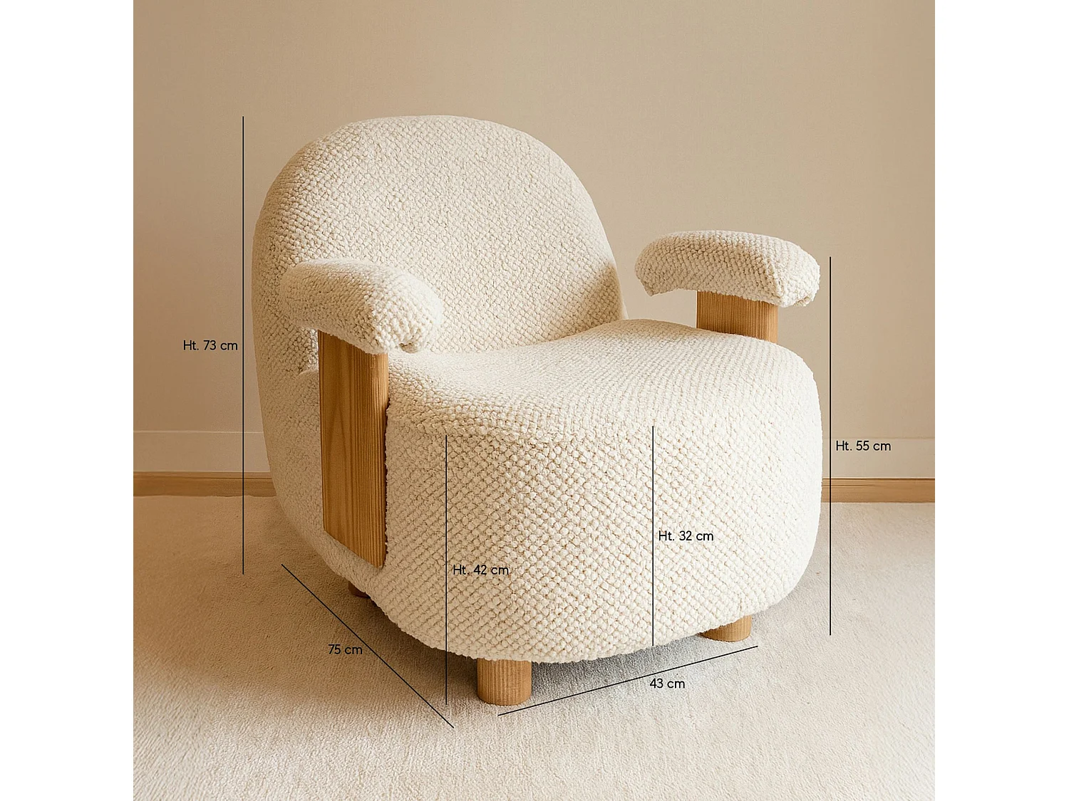 Now's Home - Fauteuil En Bouclette Beige  Structure En Bois 72x75x73.5cm Ulysse
