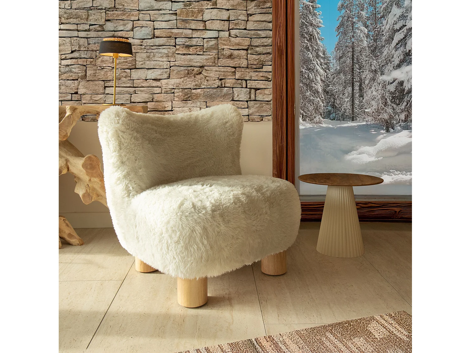 Now's Home - Fauteuil Effet Fourrure Blanc Avec Des Pieds En Bois 76x81x77cm Artic