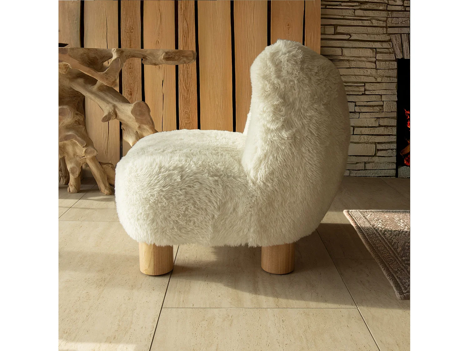Now's Home - Fauteuil Effet Fourrure Blanc Avec Des Pieds En Bois 76x81x77cm Artic