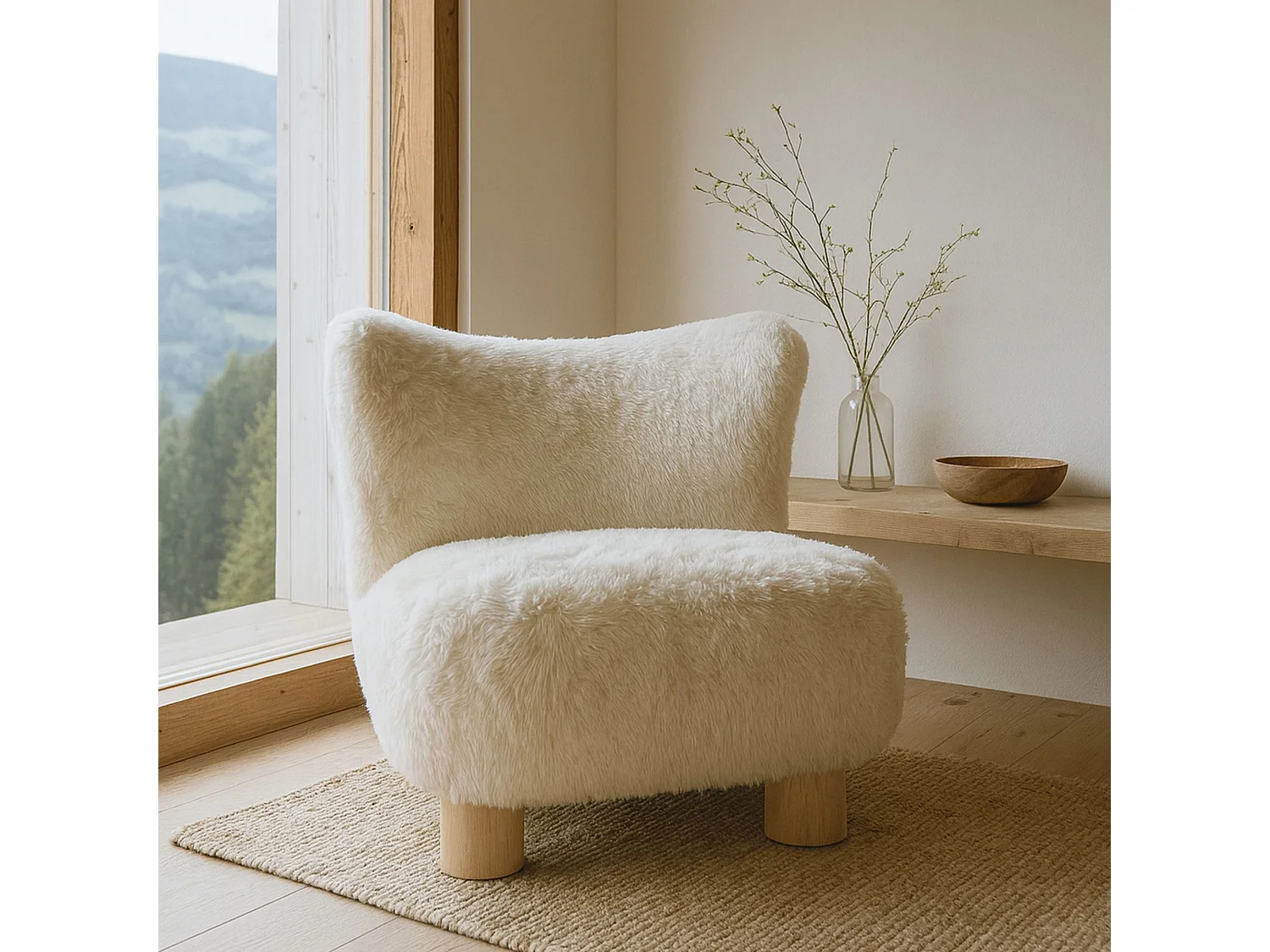 Now's Home - Fauteuil Effet Fourrure Blanc Avec Des Pieds En Bois 76x81x77cm Artic