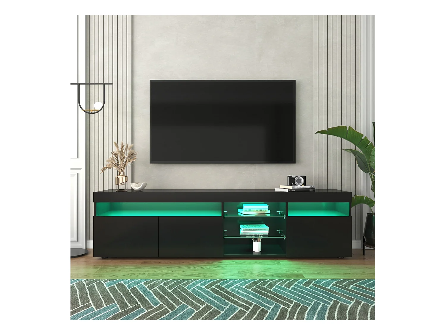 Meuble TV en MDF, avec LED 4 Modes 16 couleurs, 3 portes et 5 niche, Noir, 180x35x45cm