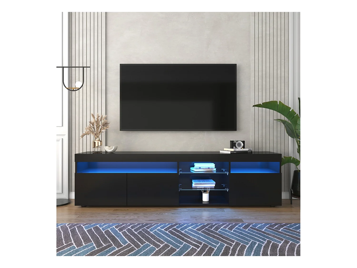 Meuble TV en MDF, avec LED 4 Modes 16 couleurs, 3 portes et 5 niche, Noir, 180x35x45cm