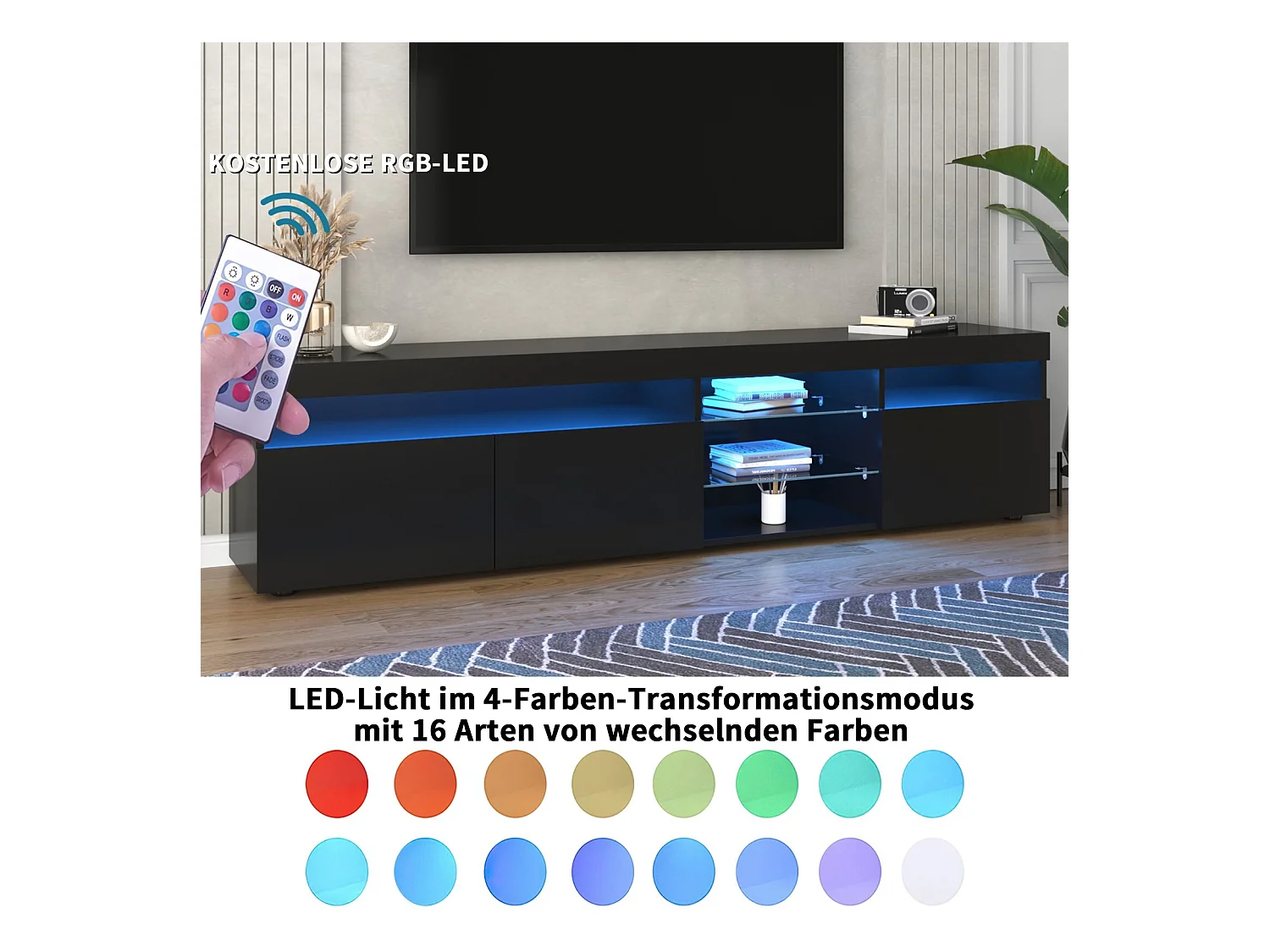 Meuble TV en MDF, avec LED 4 Modes 16 couleurs, 3 portes et 5 niche, Noir, 180x35x45cm