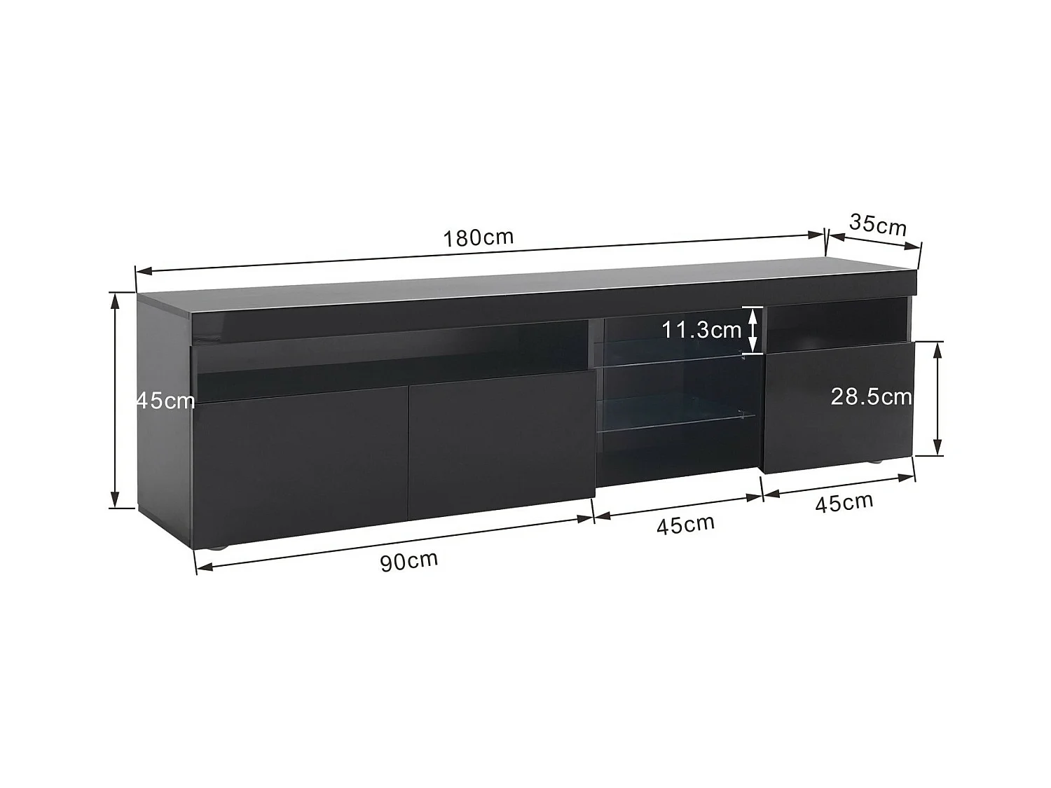 Meuble TV en MDF, avec LED 4 Modes 16 couleurs, 3 portes et 5 niche, Noir, 180x35x45cm