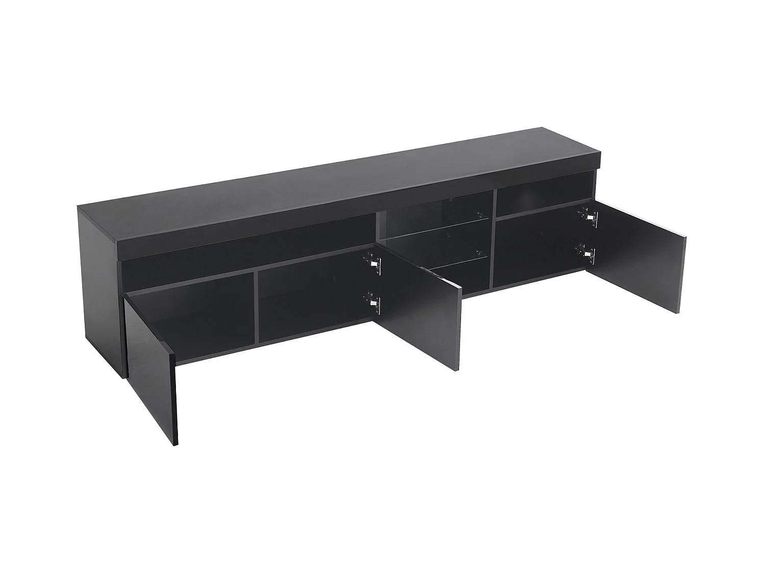 Meuble TV en MDF, avec LED 4 Modes 16 couleurs, 3 portes et 5 niche, Noir, 180x35x45cm