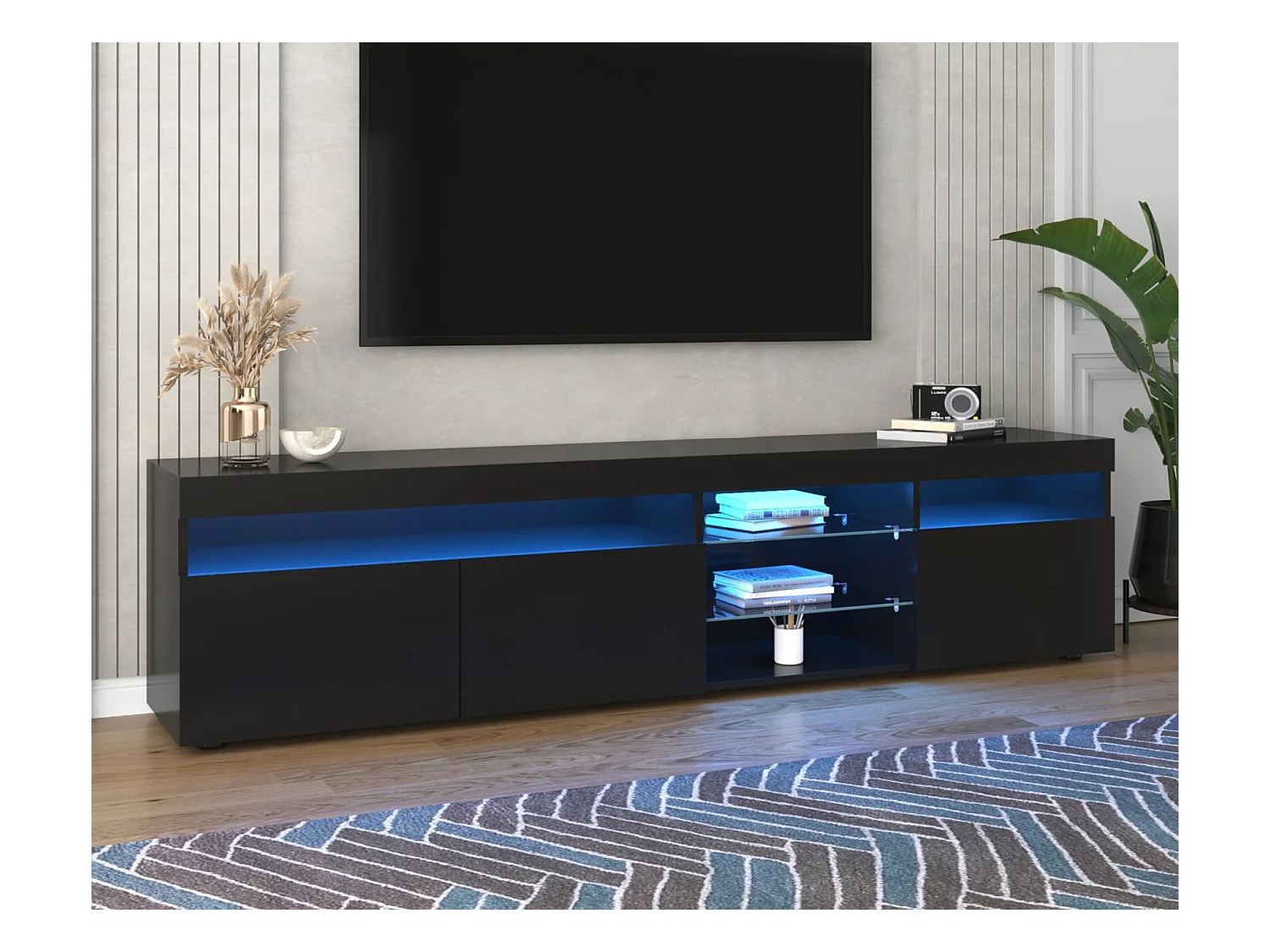 Meuble TV en MDF, avec LED 4 Modes 16 couleurs, 3 portes et 5 niche, Noir, 180x35x45cm