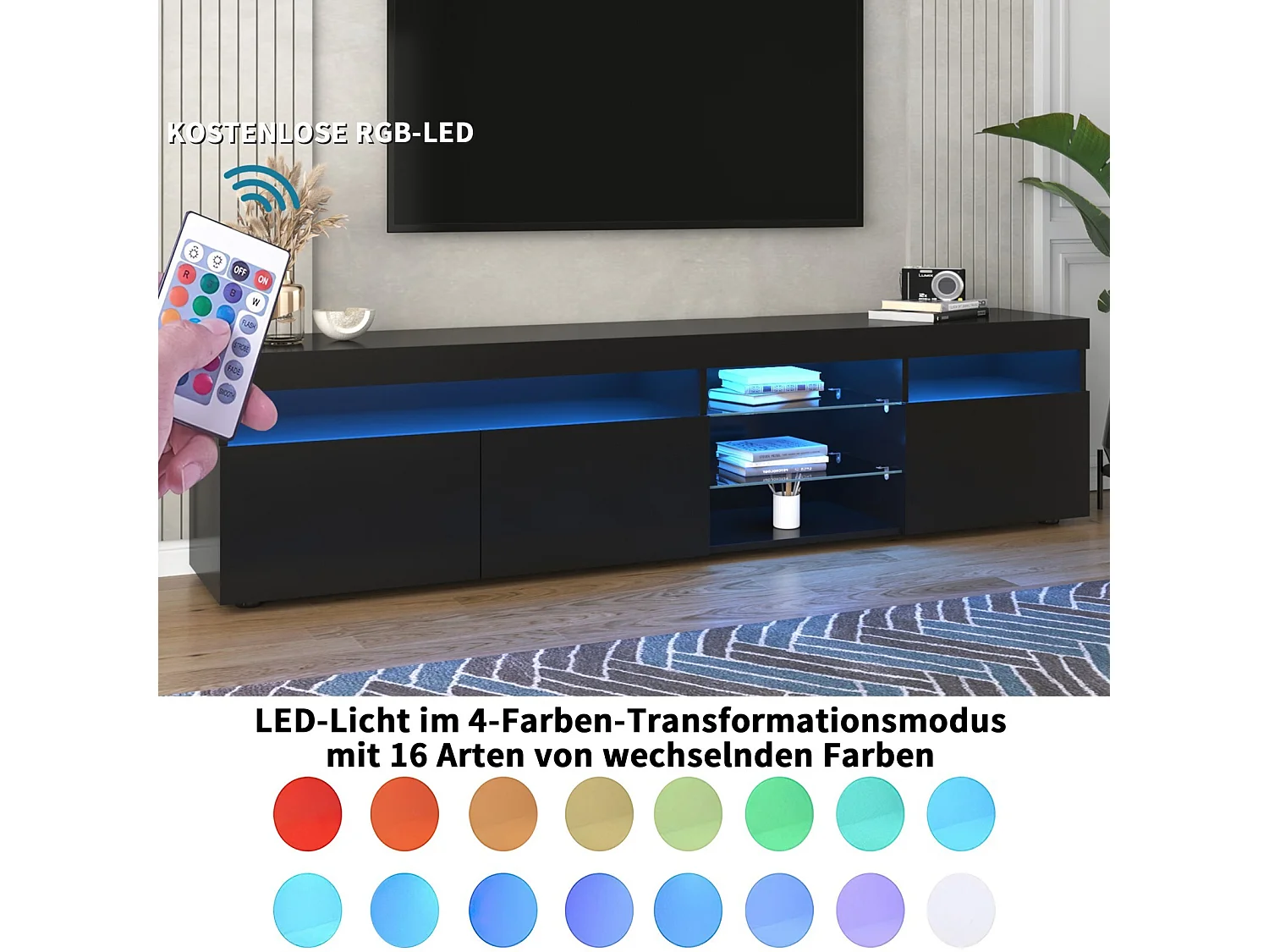 Meuble TV en MDF, avec LED 4 Modes 16 couleurs, 3 portes et 5 niche, Noir, 180x35x45cm
