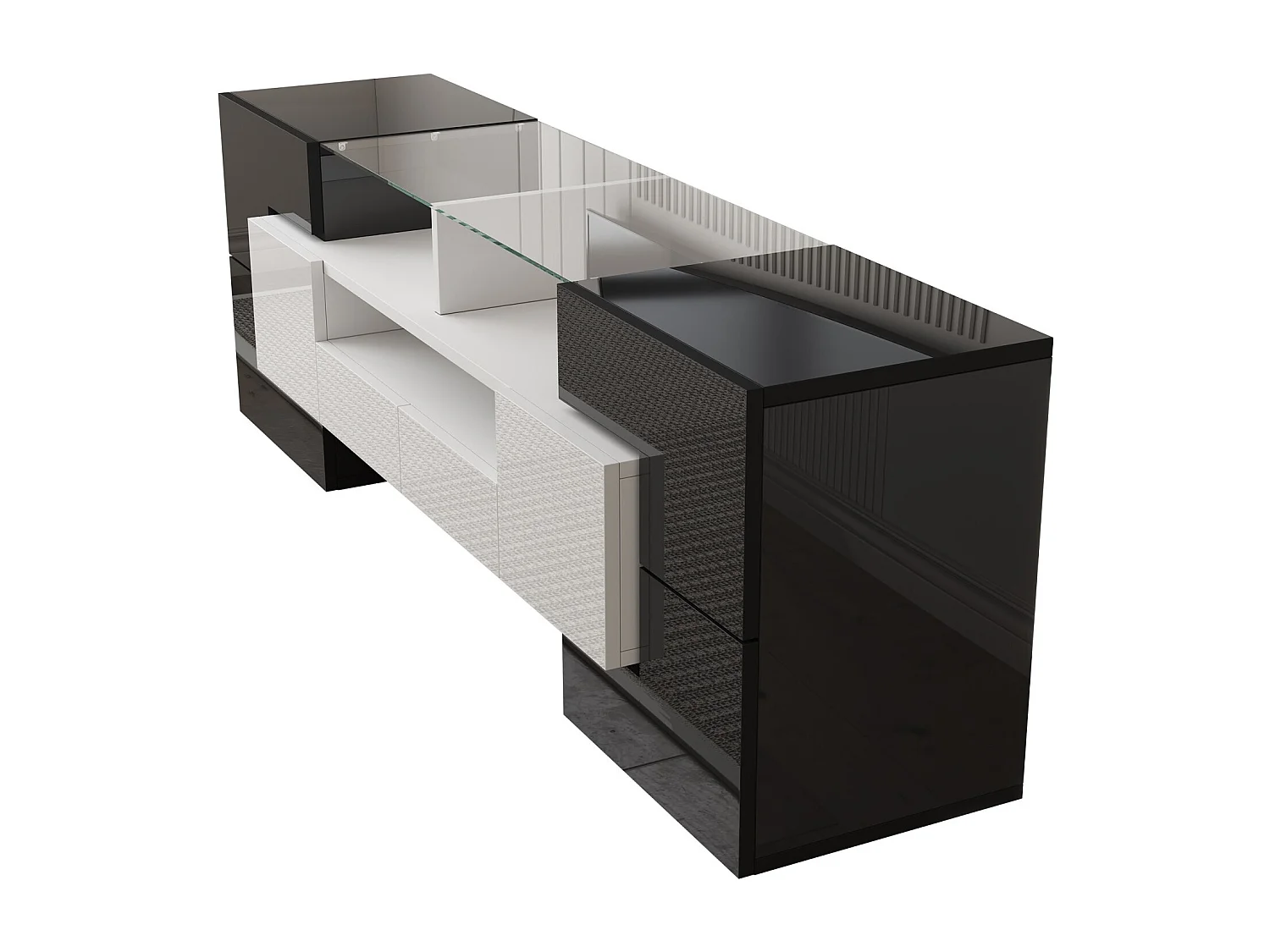 Cassette TV 2 cassetti 6 porte e 3 nicchie, con LED, carico massimo di 60 kg, nero+bianco, 145x30x51cm