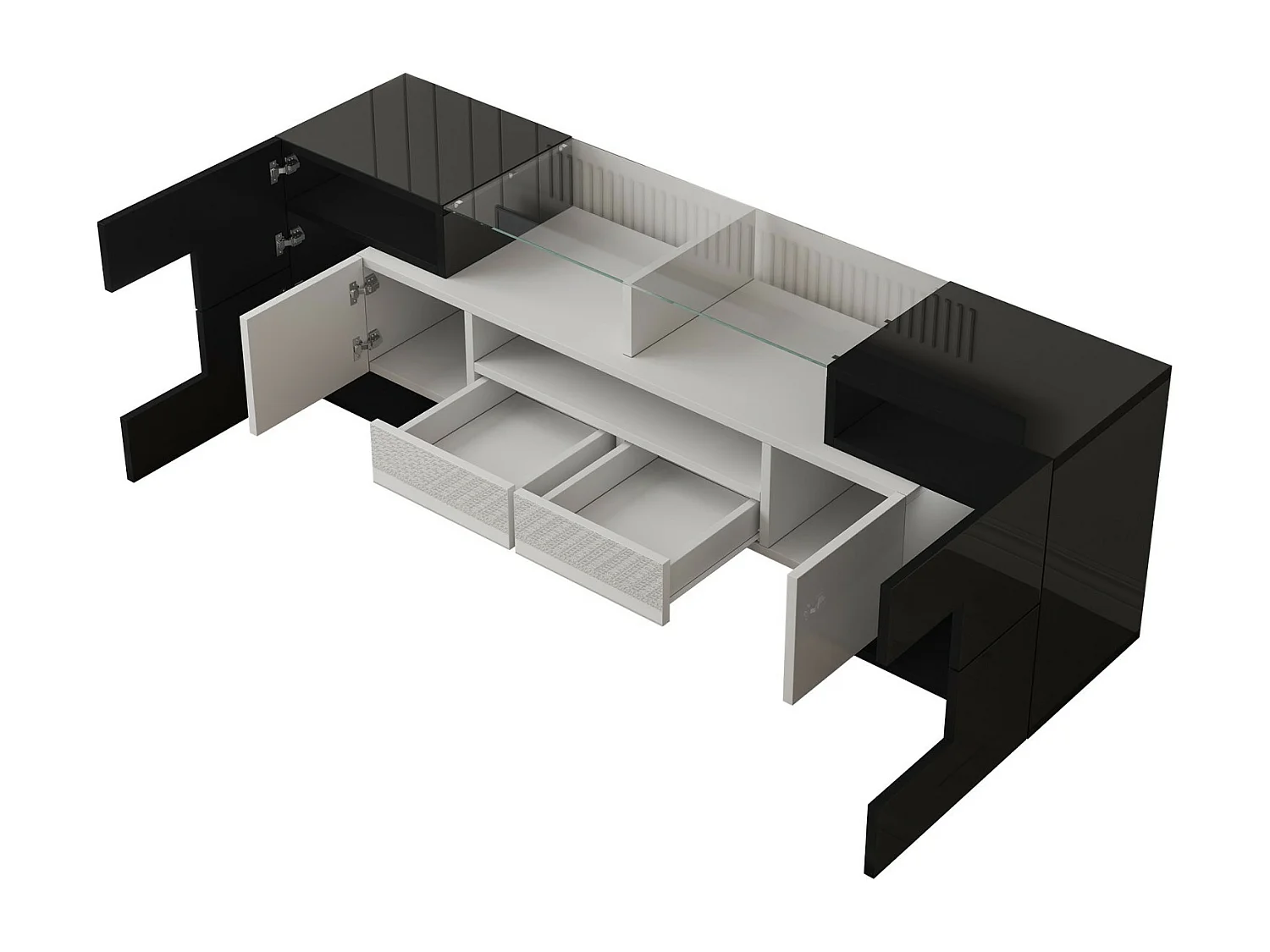 Cassette TV 2 cassetti 6 porte e 3 nicchie, con LED, carico massimo di 60 kg, nero+bianco, 145x30x51cm