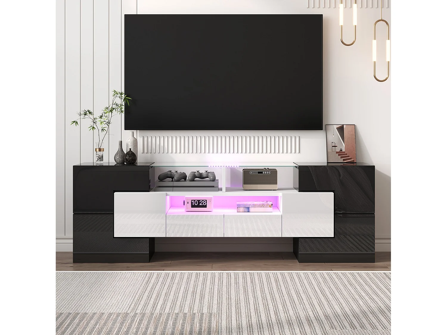 Mobili TV 2 cassetti 6 porte e 3 nicchie, con LED, carico massimo di 60 kg, nero+bianco, 145x30x51cm