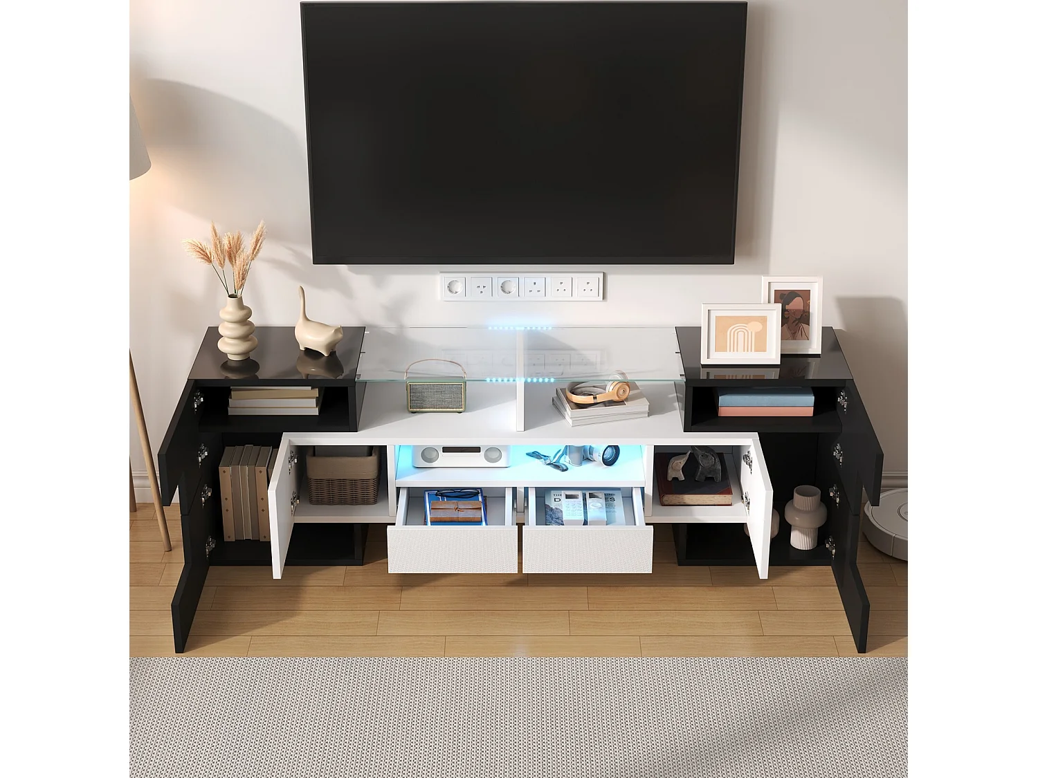Mobili TV 2 cassetti 6 porte e 3 nicchie, con LED, carico massimo di 60 kg, nero+bianco, 145x30x51cm